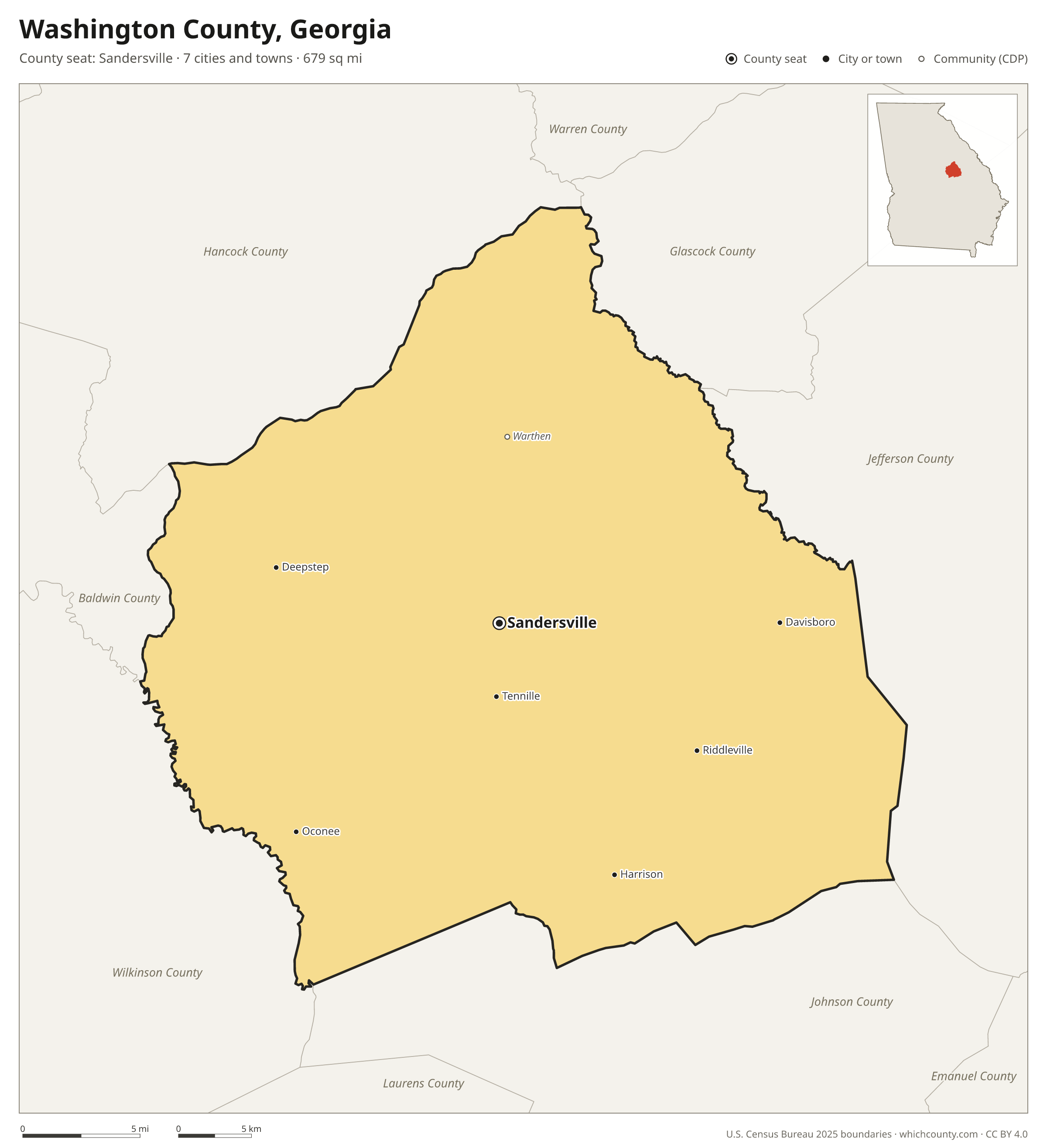Map of Washington County, Georgia with cities, towns and the county boundary