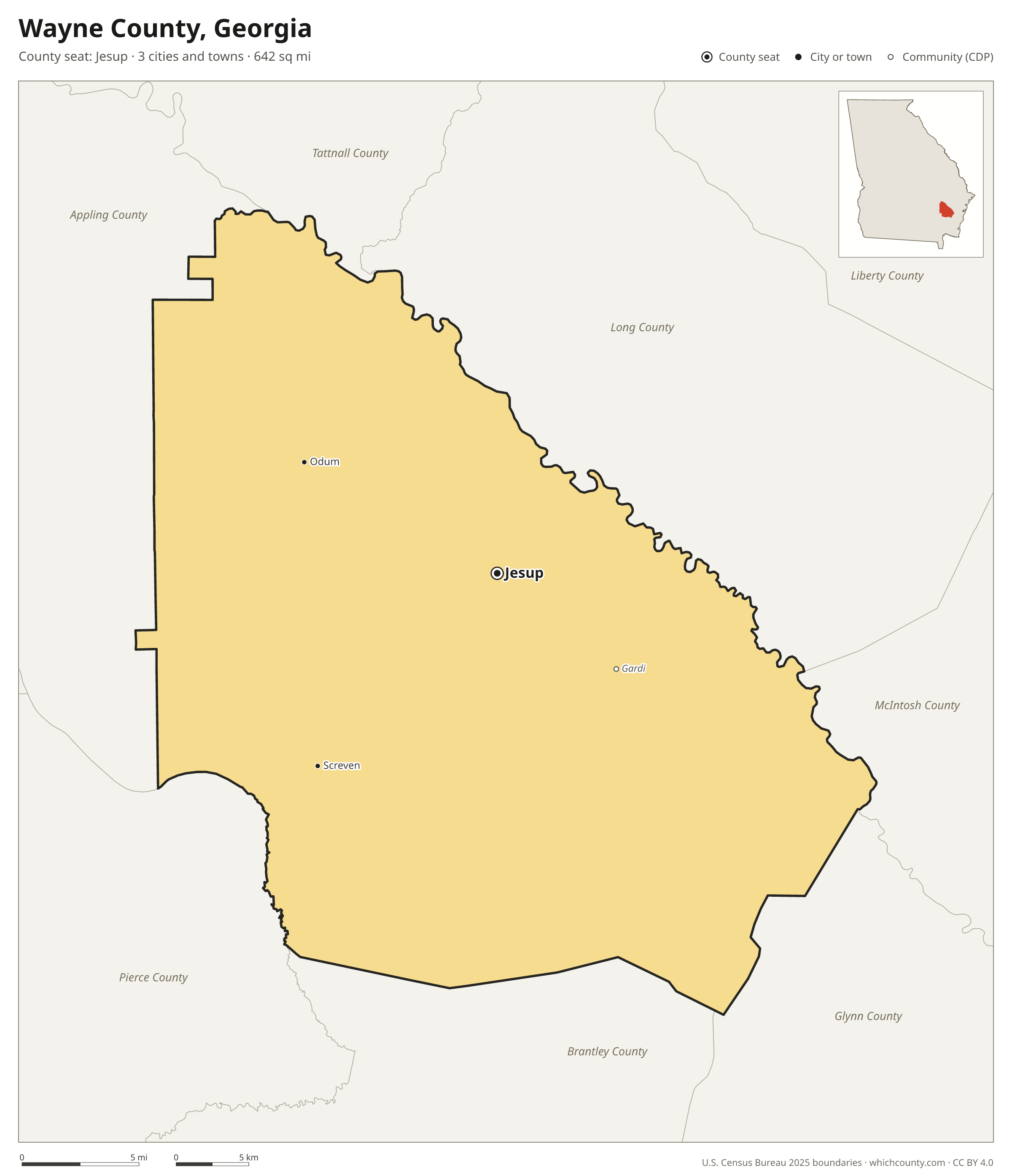Map of Wayne County, Georgia with cities, towns and the county boundary