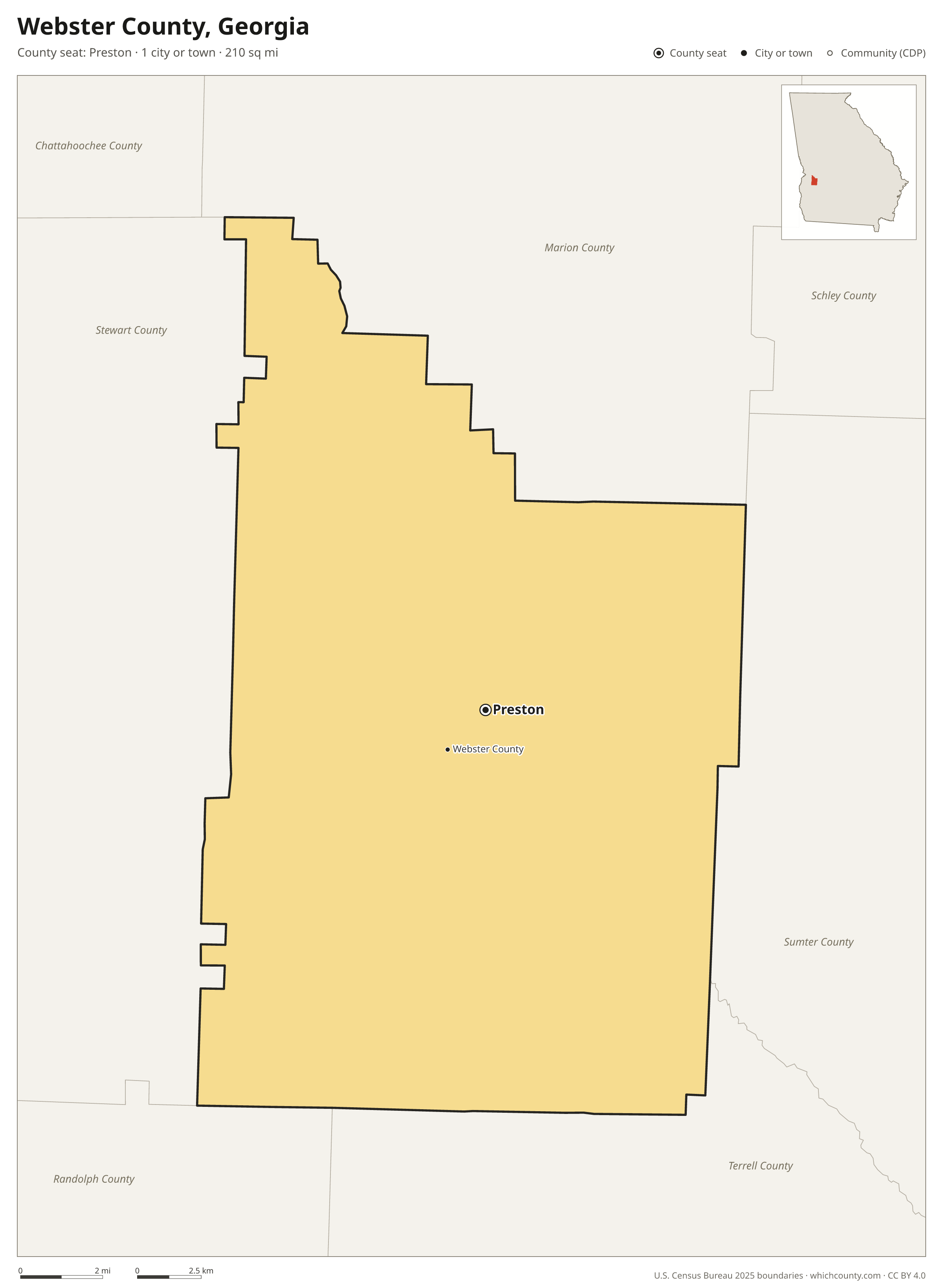 Map of Webster County, Georgia with cities, towns and the county boundary