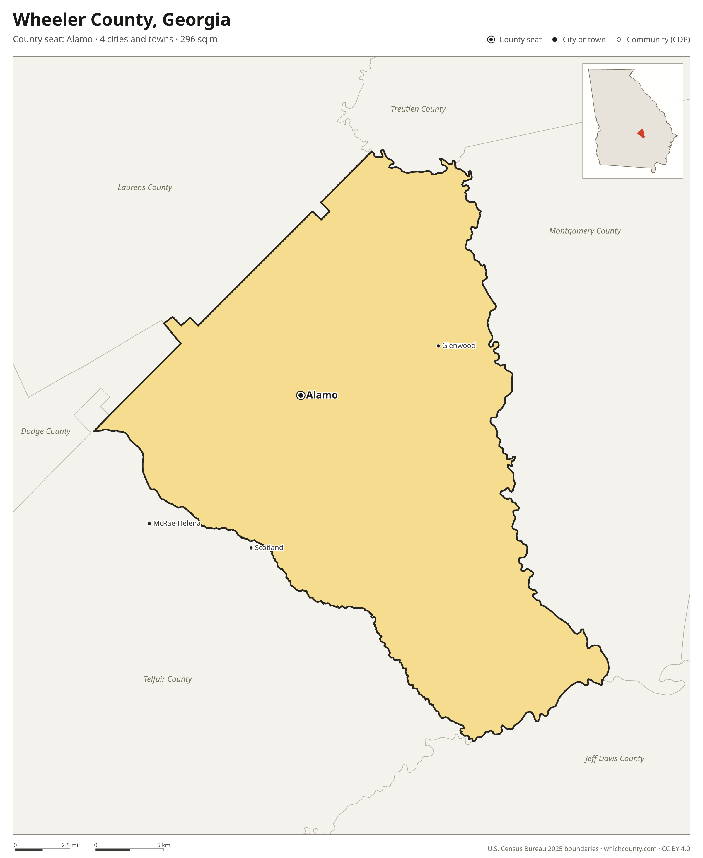 Map of Wheeler County, Georgia with cities, towns and the county boundary
