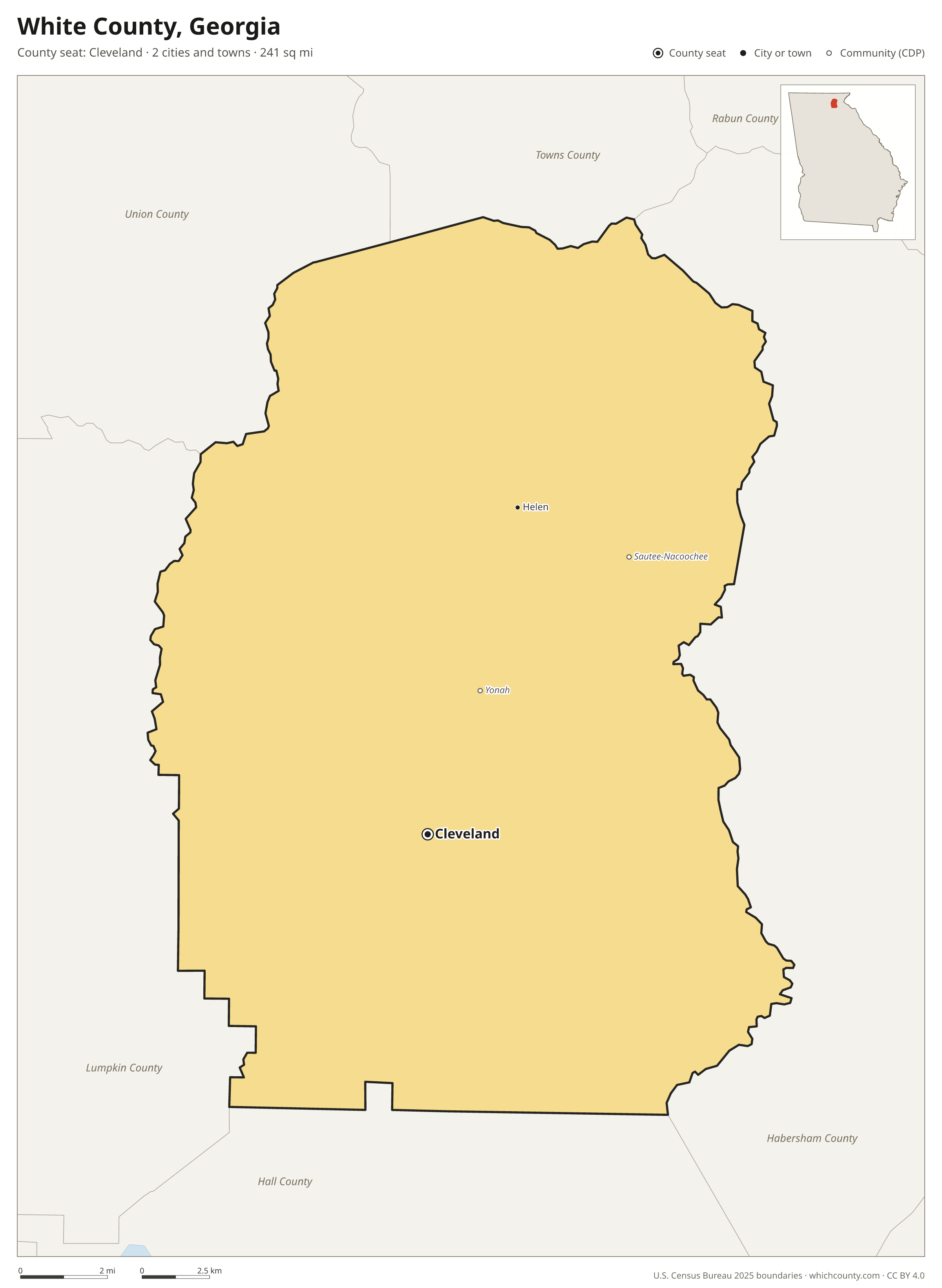 Map of White County, Georgia with cities, towns and the county boundary