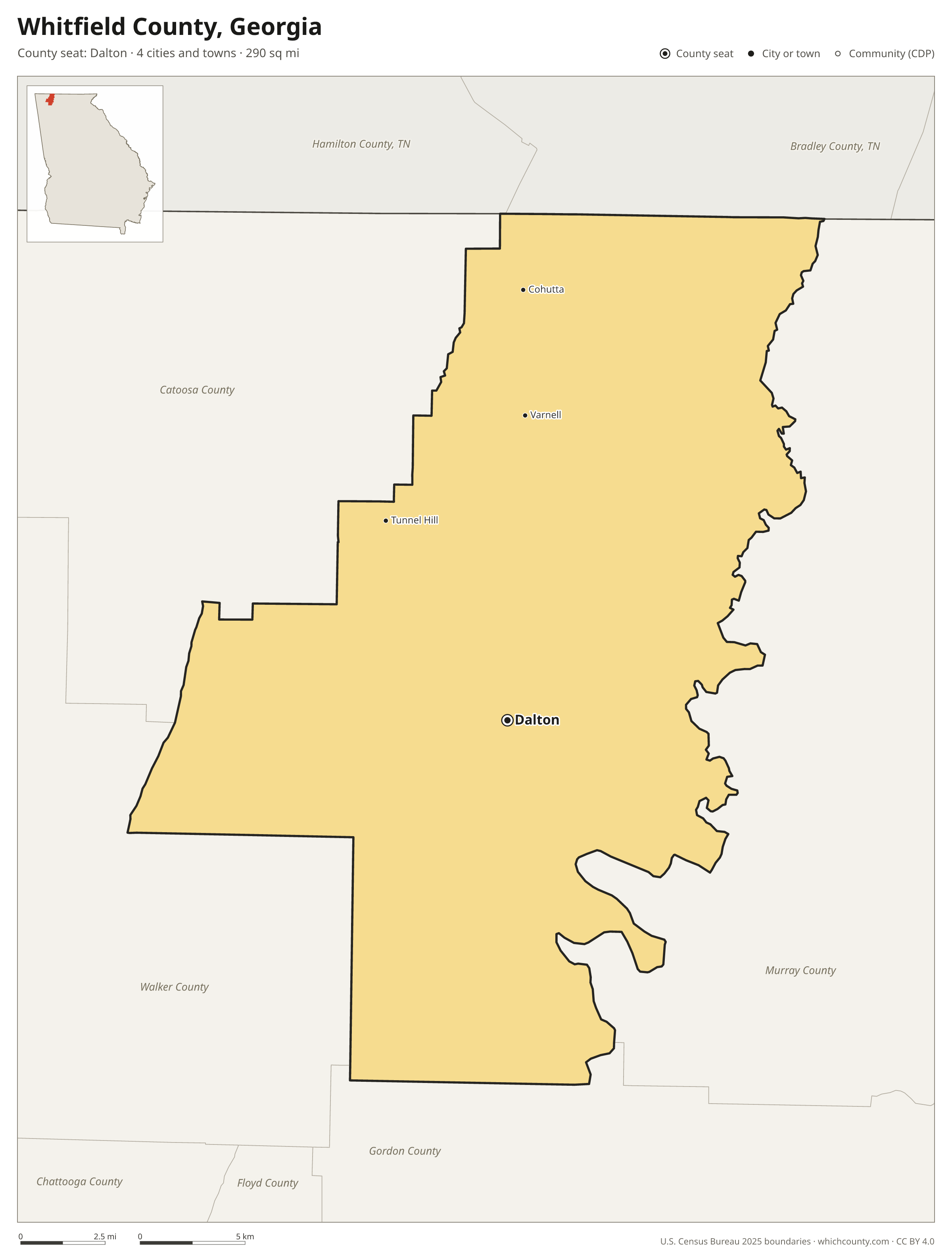 Map of Whitfield County, Georgia with cities, towns and the county boundary