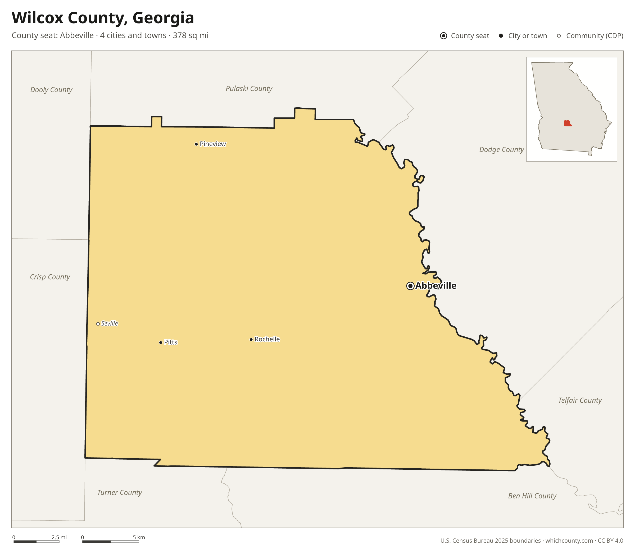 Map of Wilcox County, Georgia with cities, towns and the county boundary