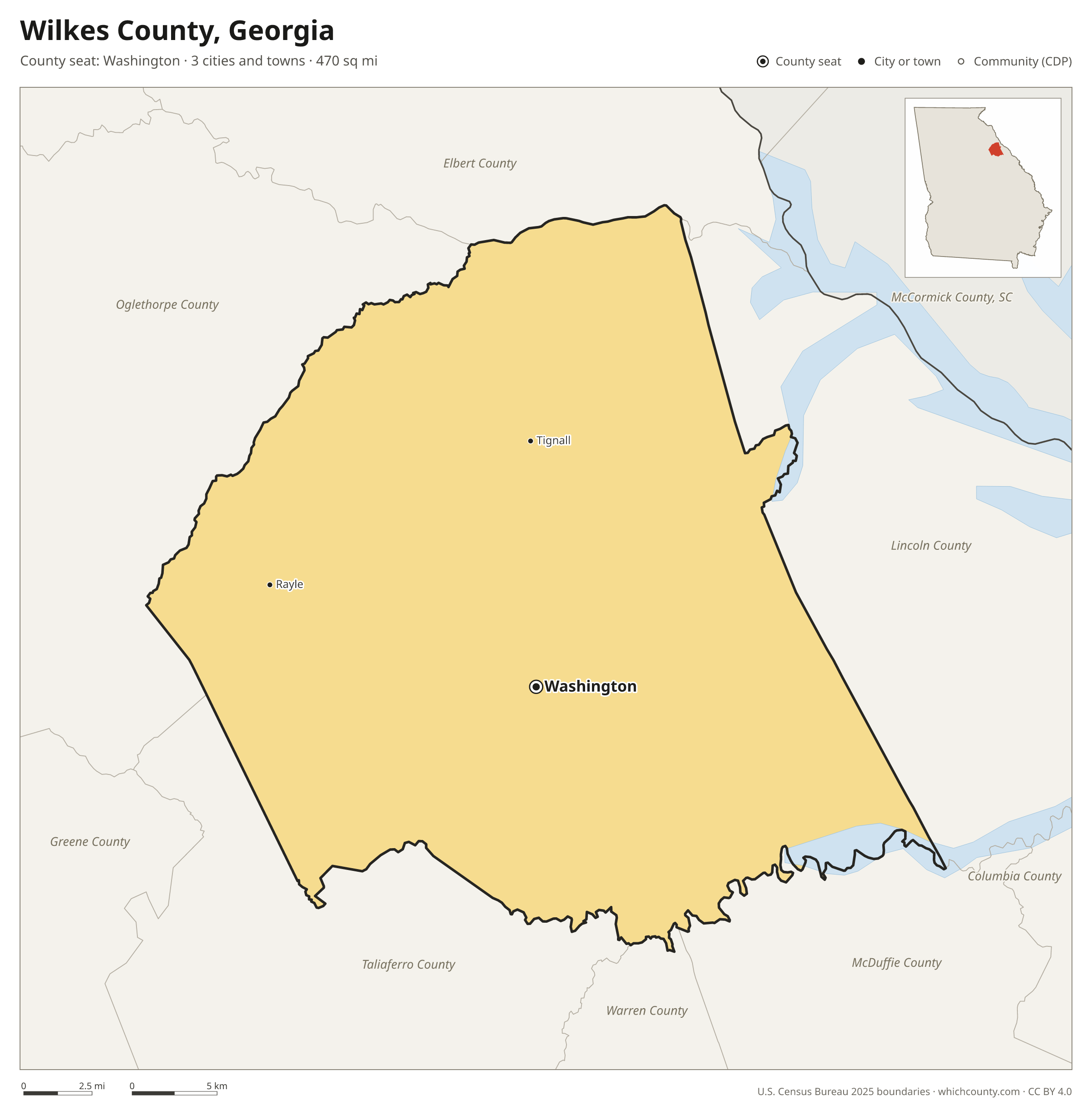 Map of Wilkes County, Georgia with cities, towns and the county boundary