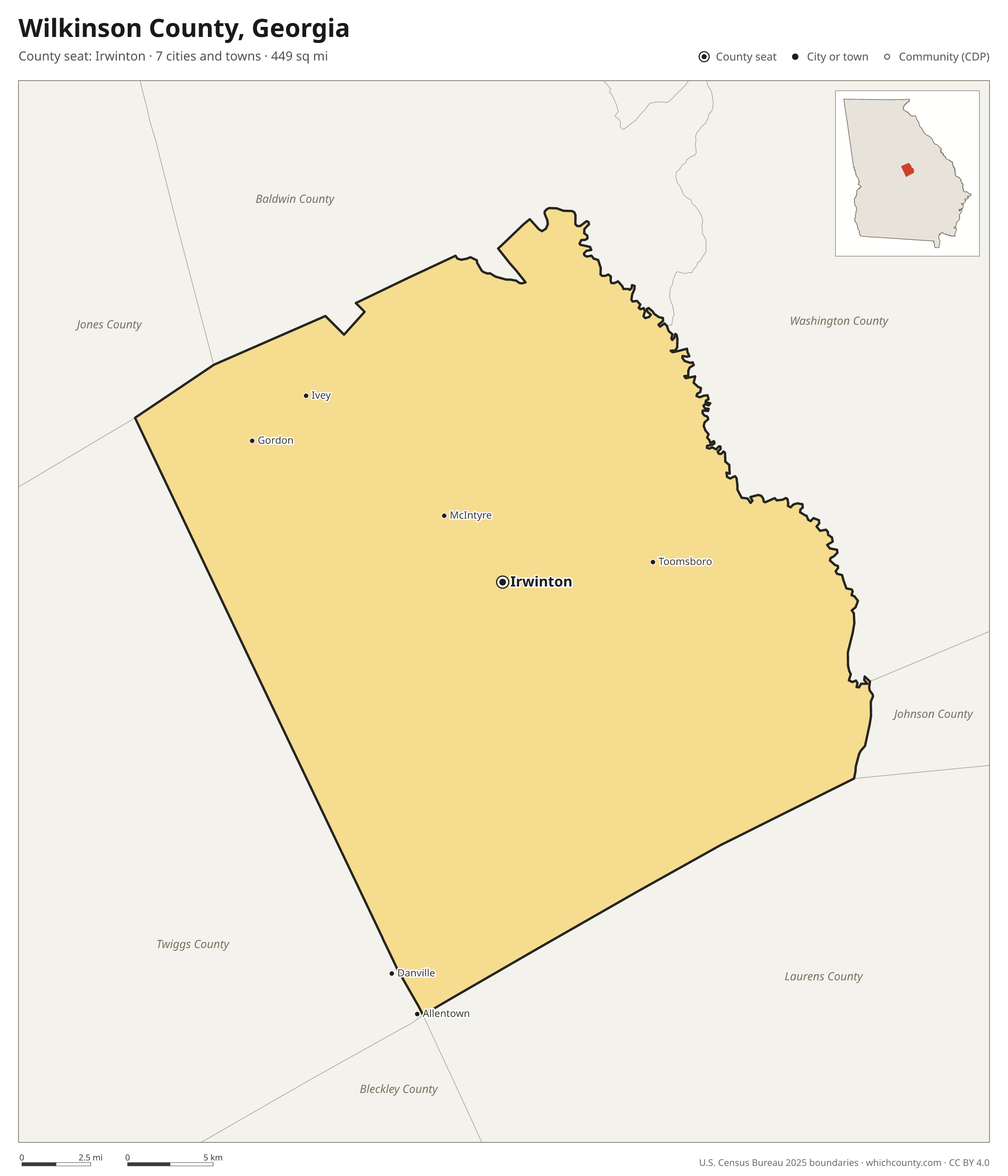 Map of Wilkinson County, Georgia with cities, towns and the county boundary