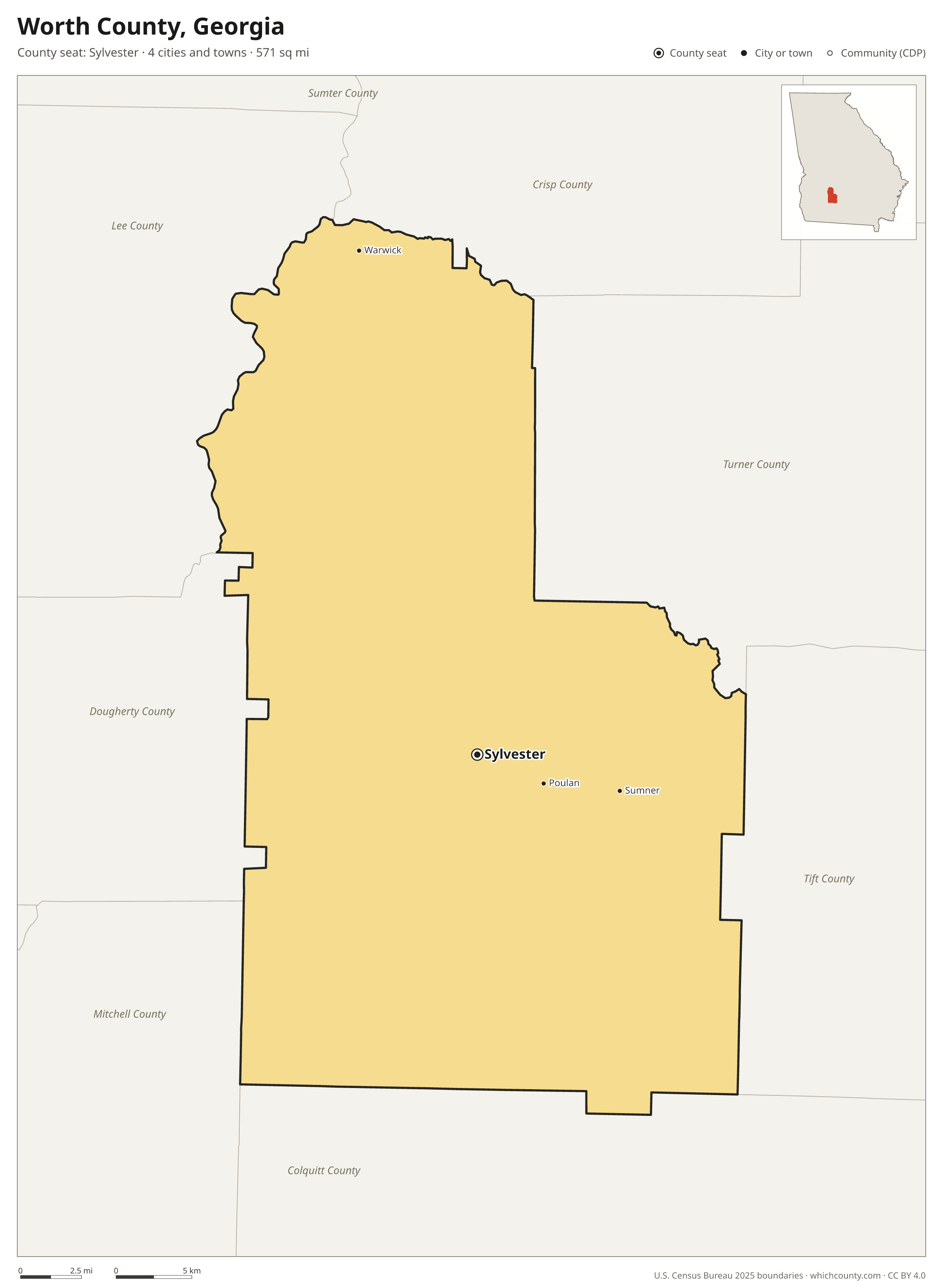 Map of Worth County, Georgia with cities, towns and the county boundary