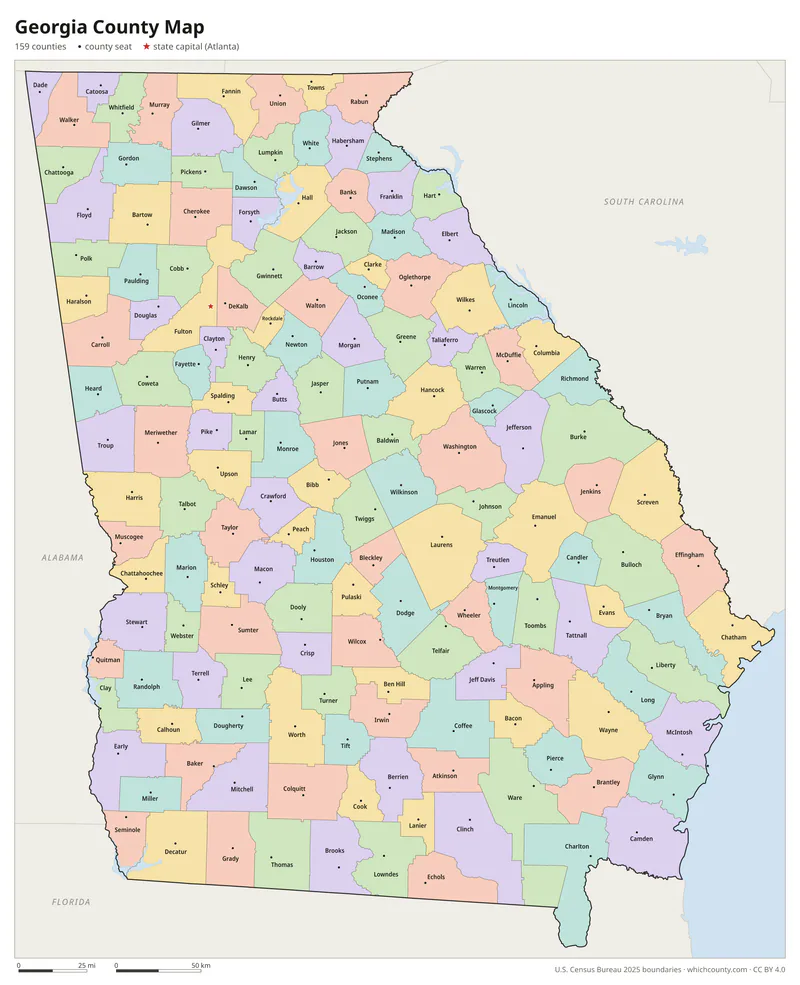 Georgia county map with all 159 counties labeled