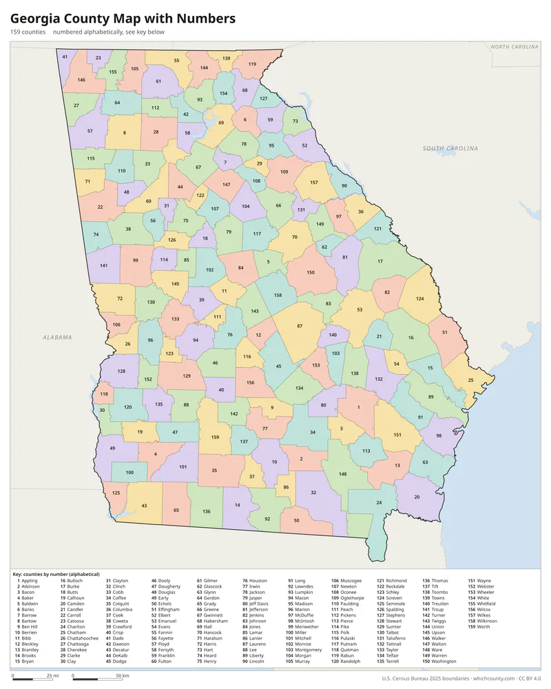 Georgia county map with numbers