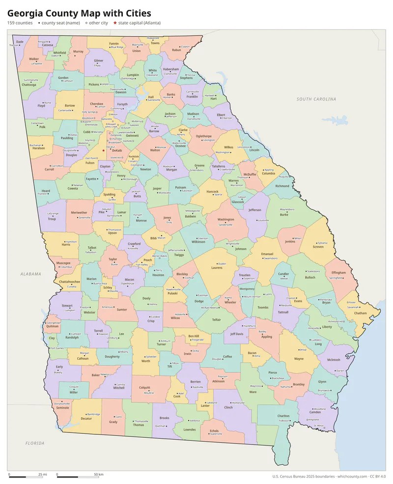 Georgia county map with cities and county seats