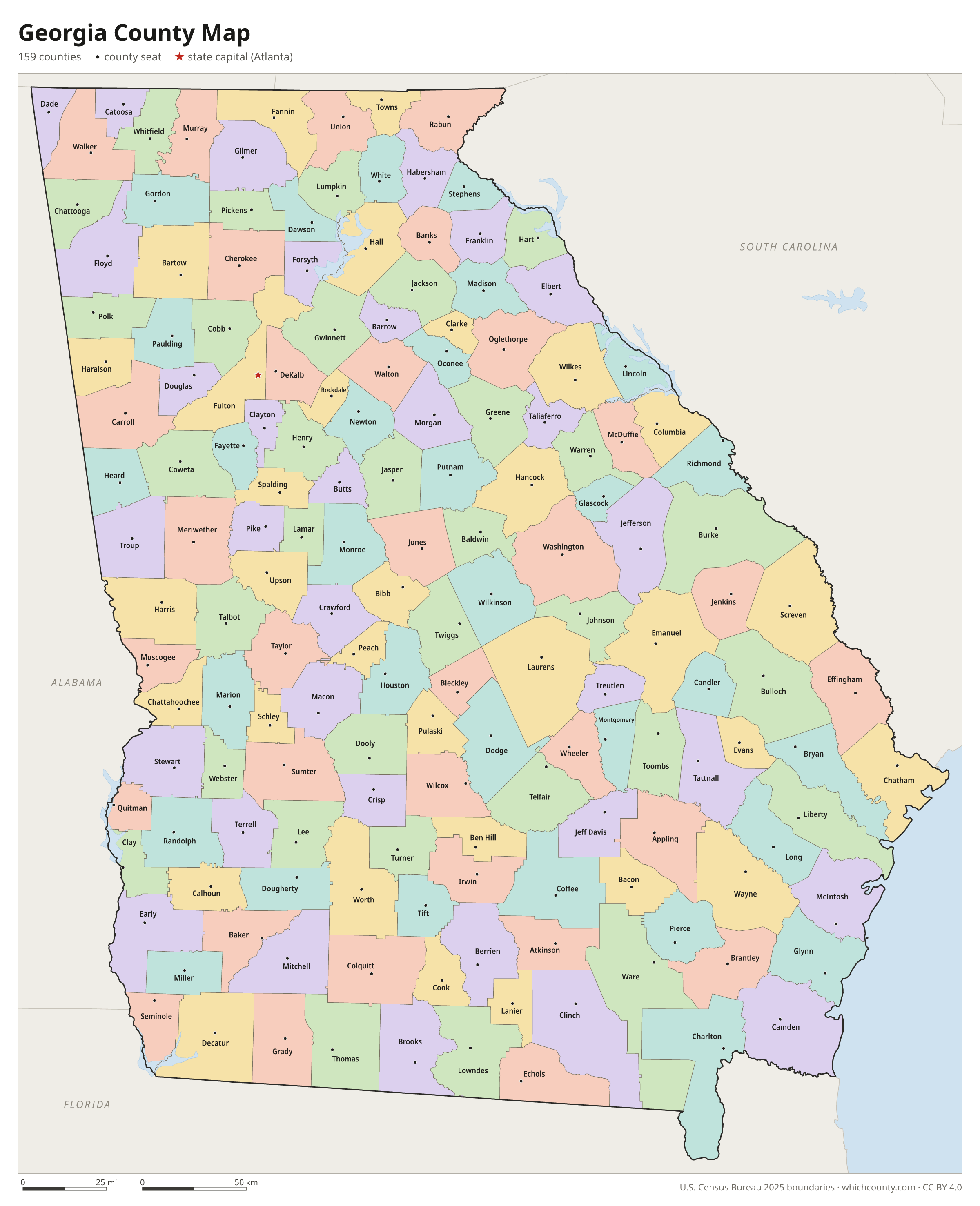 Georgia county map showing all 159 counties with county names and county seats