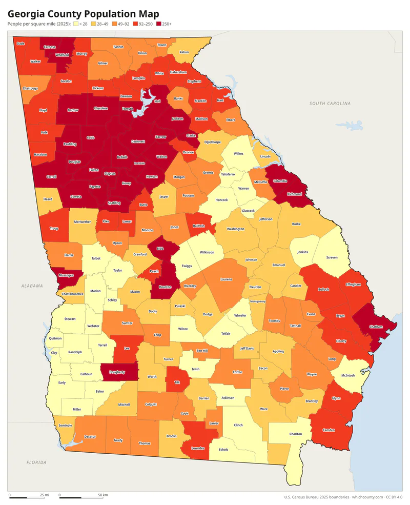 Map of Georgia counties shaded by population density