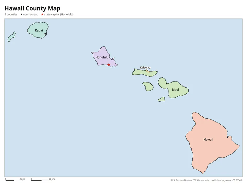 Hawaii county map with all 5 counties labeled