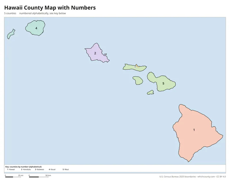 Hawaii county map with numbers