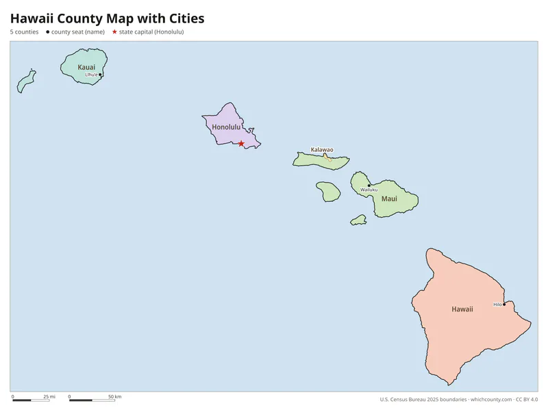 Hawaii county map with cities and county seats