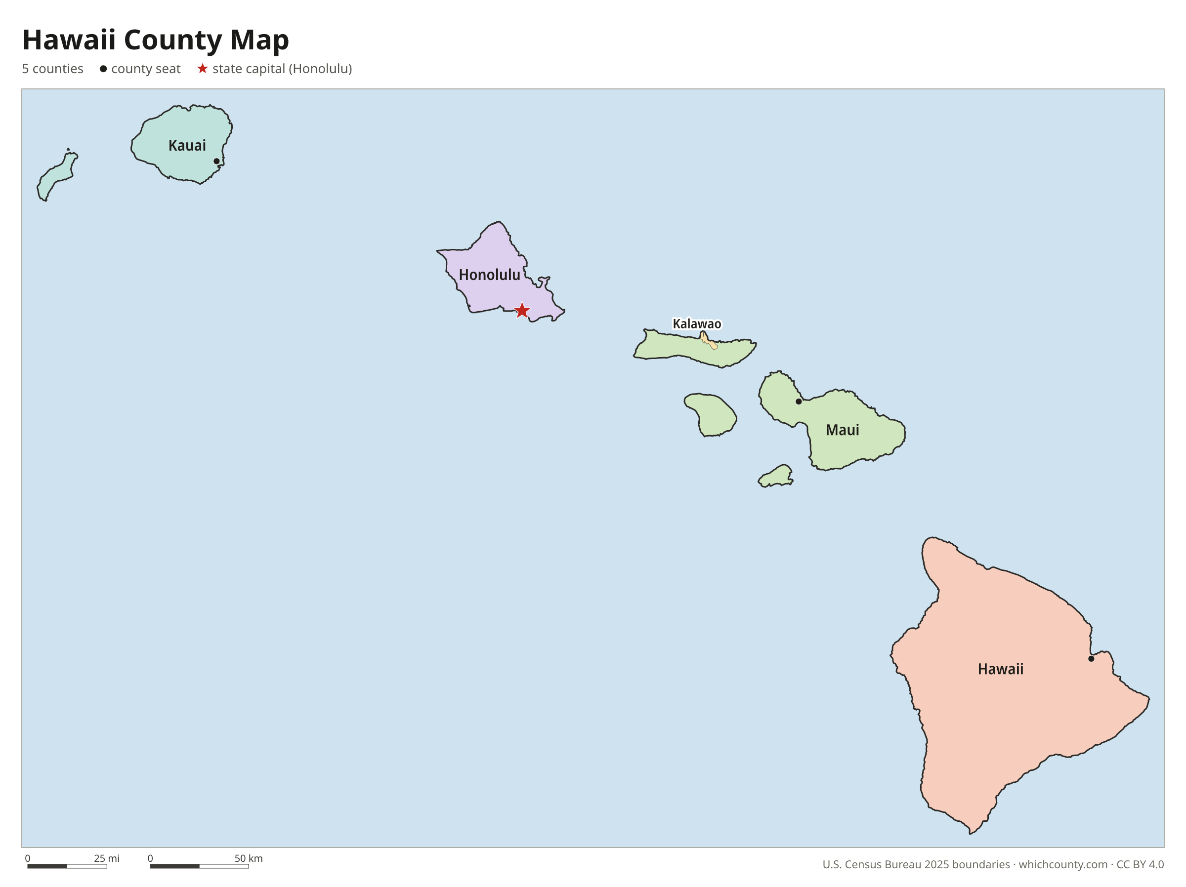 Hawaii county map showing all 5 counties with county names and county seats