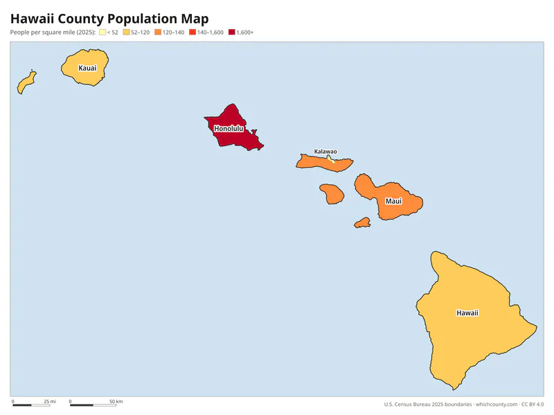 Map of Hawaii counties shaded by population density