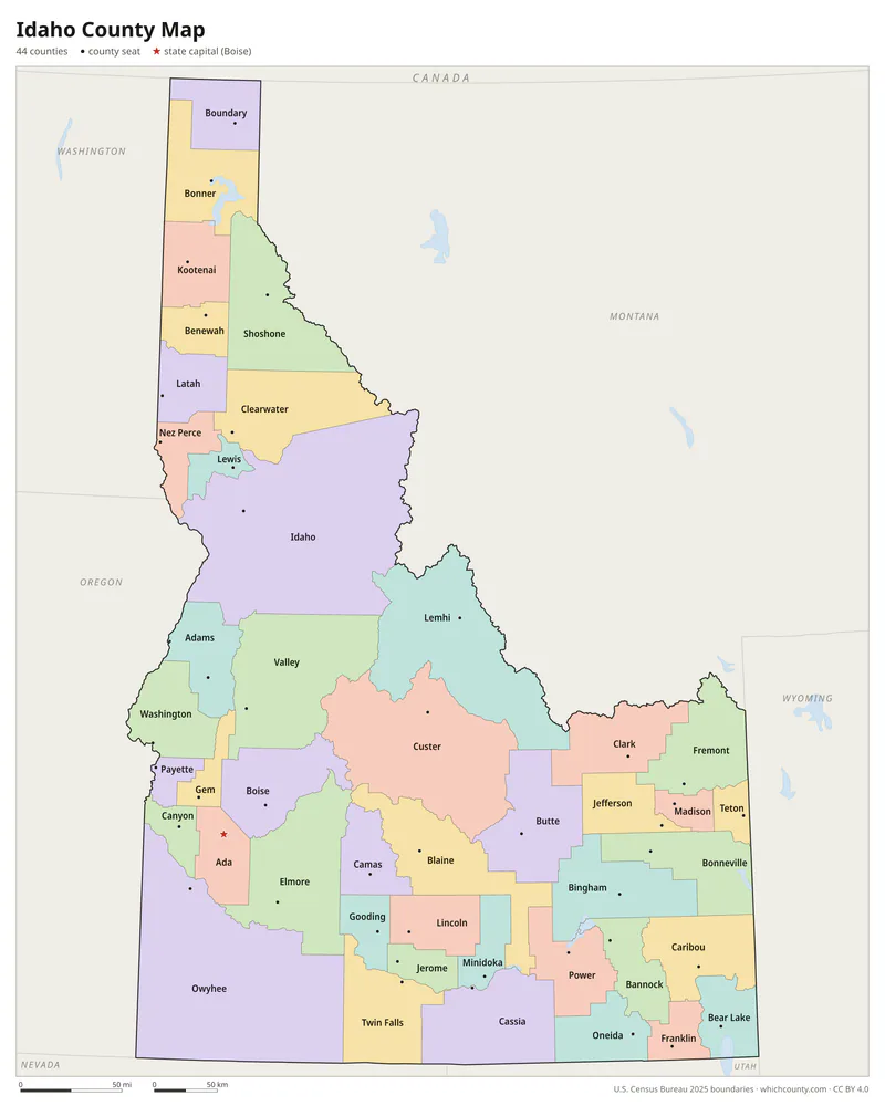 Idaho county map with all 44 counties labeled