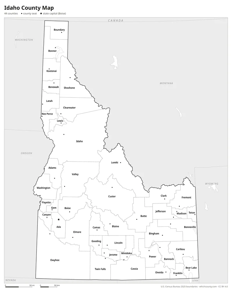 Black and white Idaho county map
