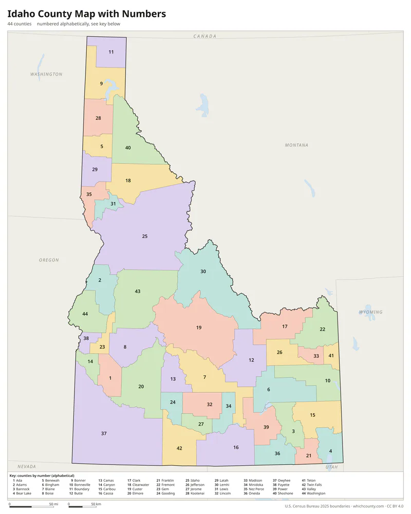 Idaho county map with numbers