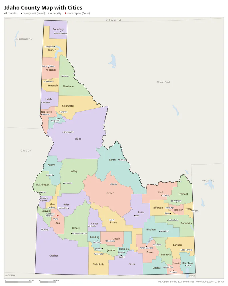 Idaho county map with cities and county seats