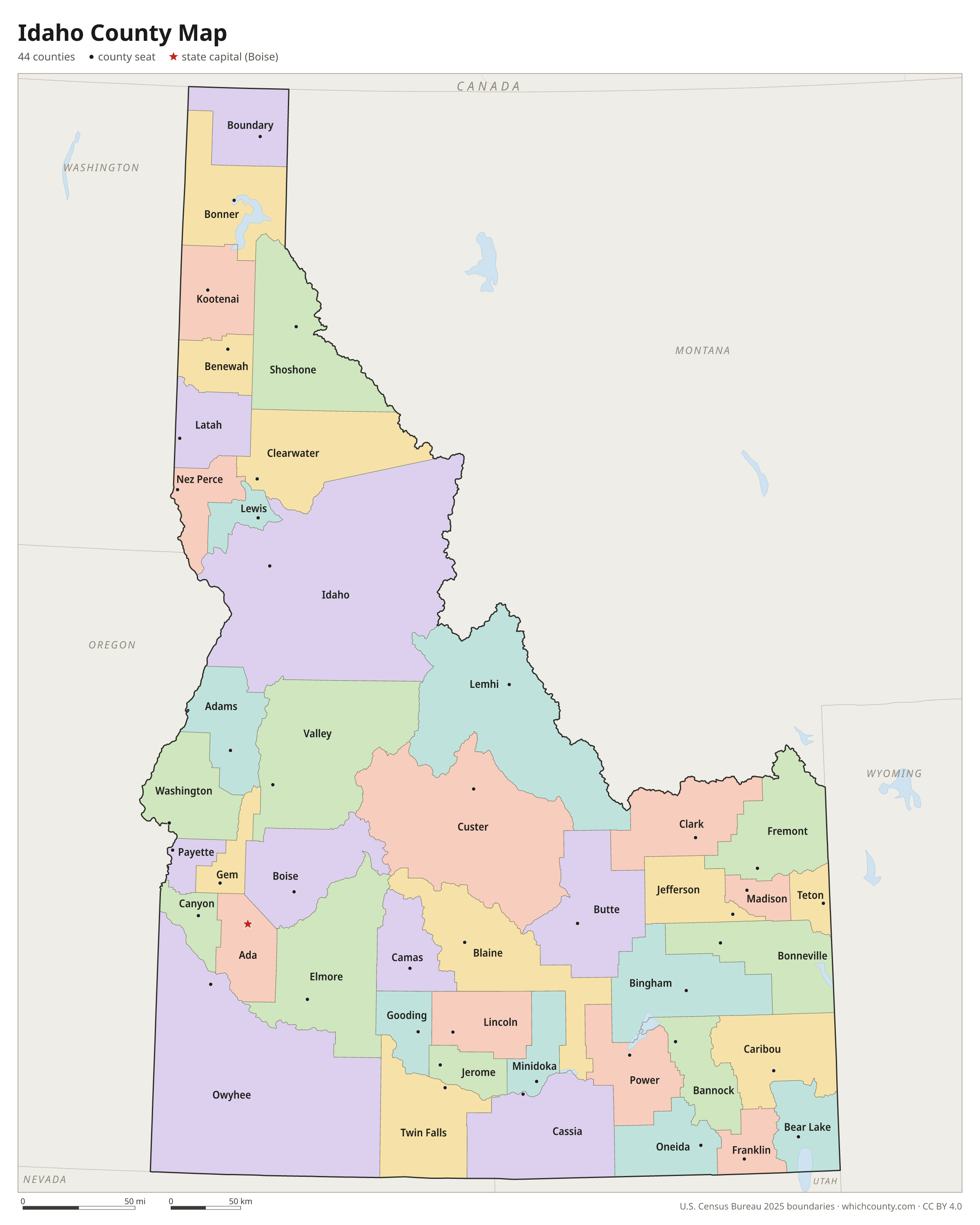 Idaho county map showing all 44 counties with county names and county seats