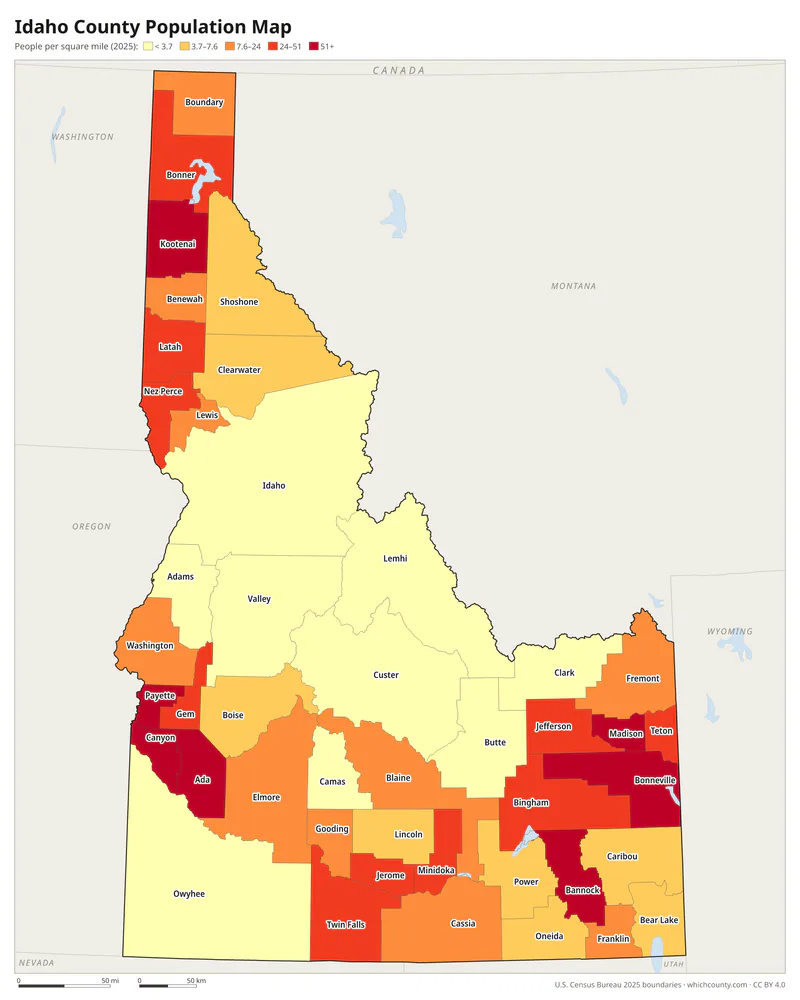 Map of Idaho counties shaded by population density