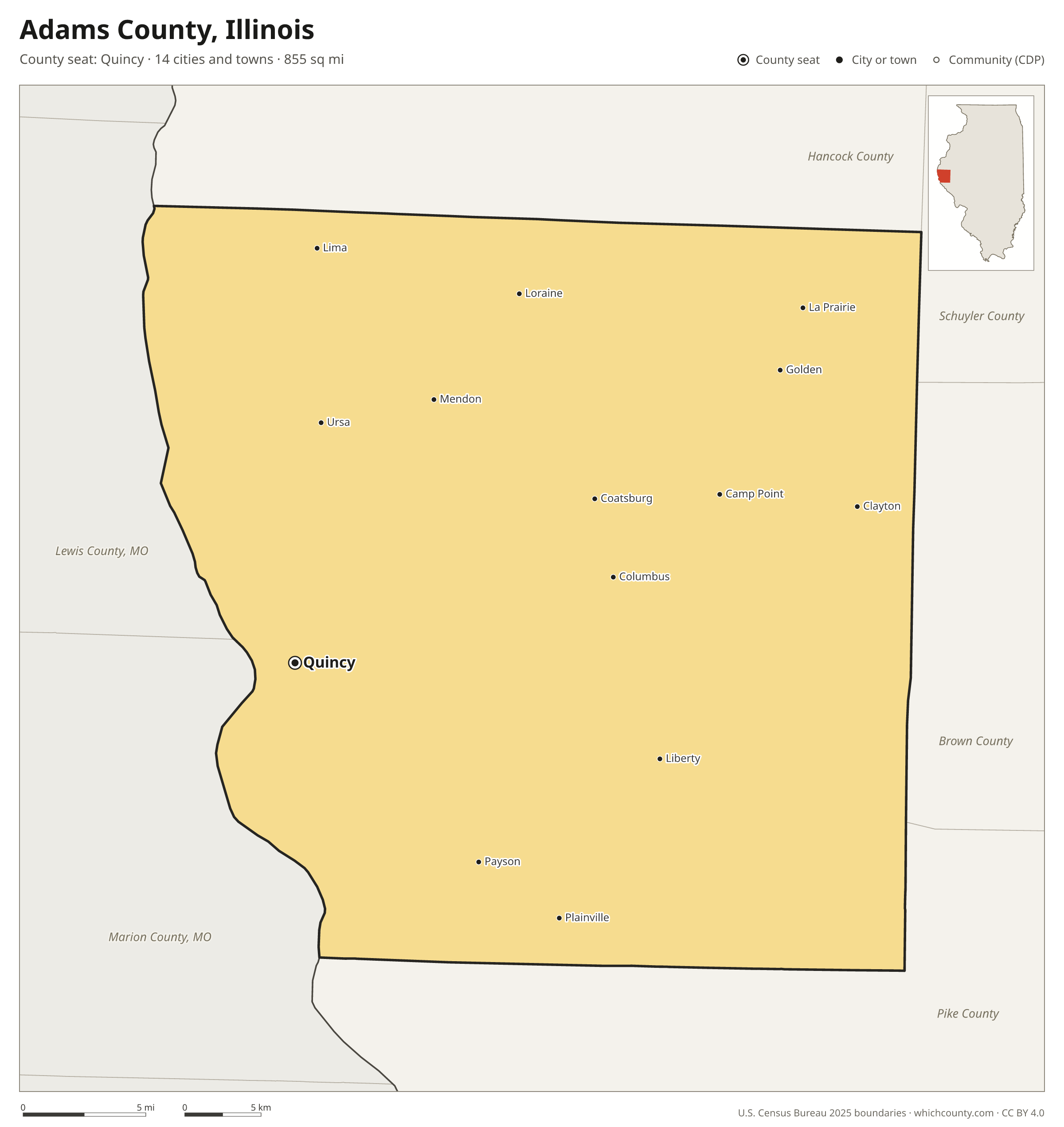 Map of Adams County, Illinois with cities, towns and the county boundary
