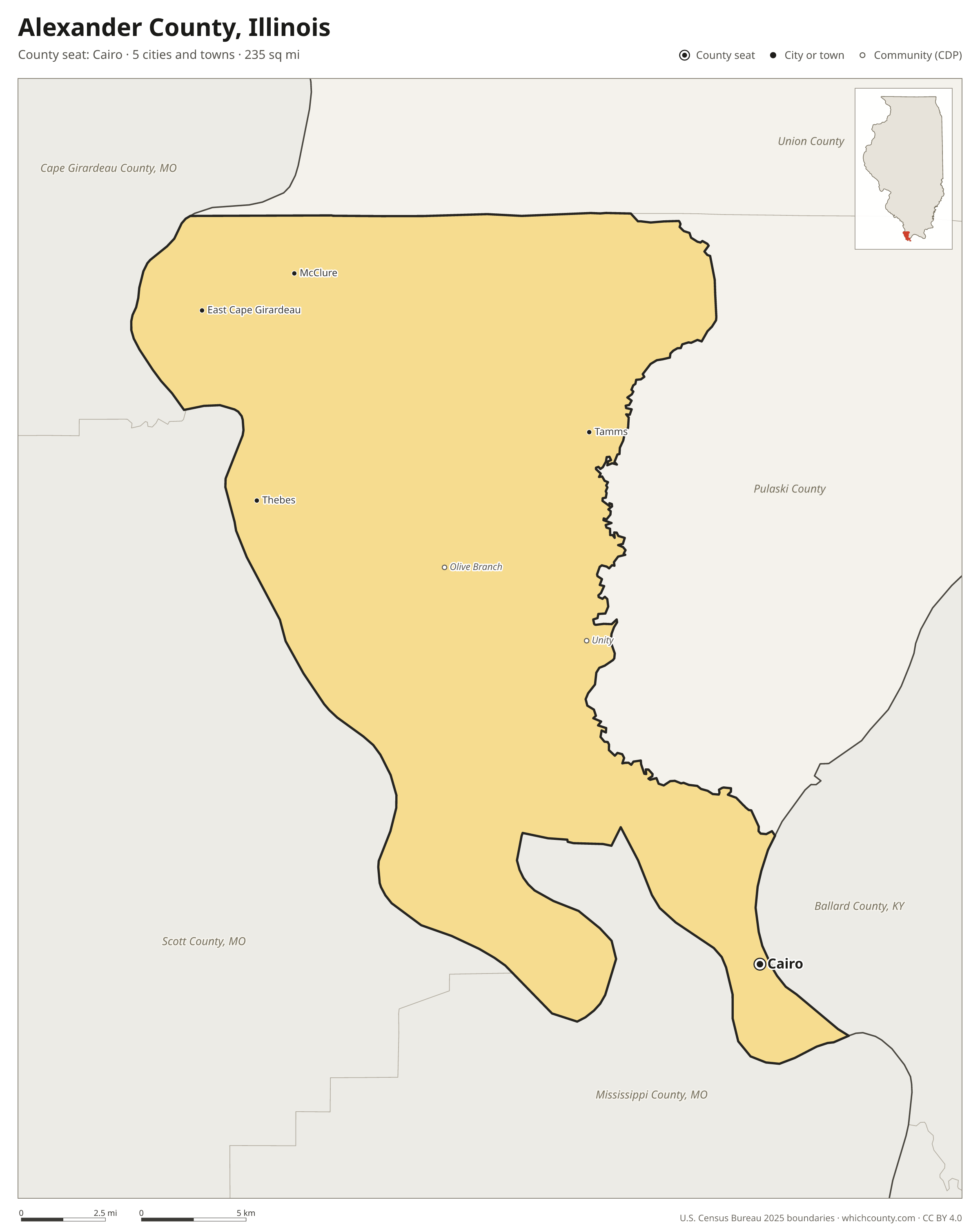 Map of Alexander County, Illinois with cities, towns and the county boundary