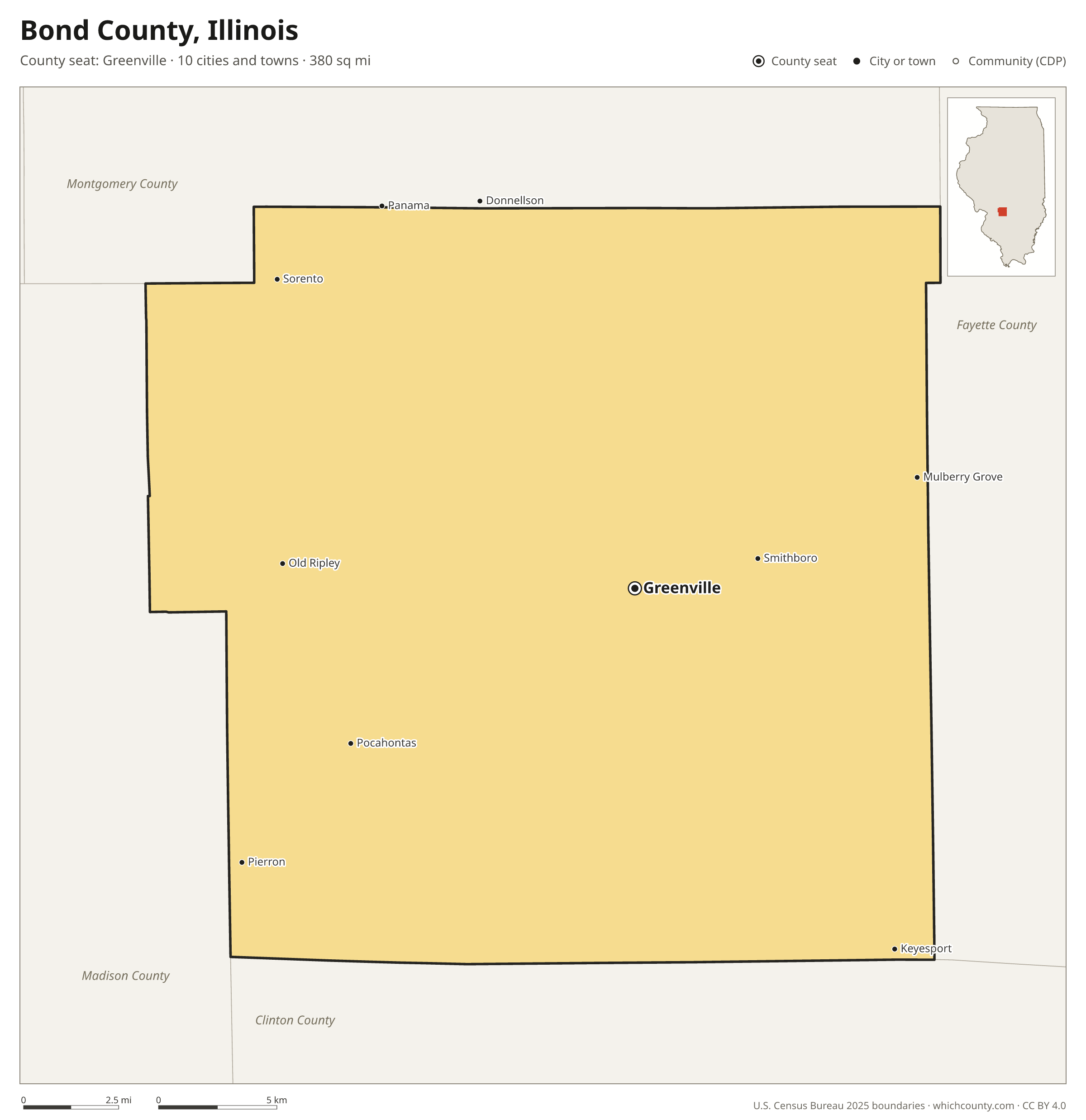 Map of Bond County, Illinois with cities, towns and the county boundary