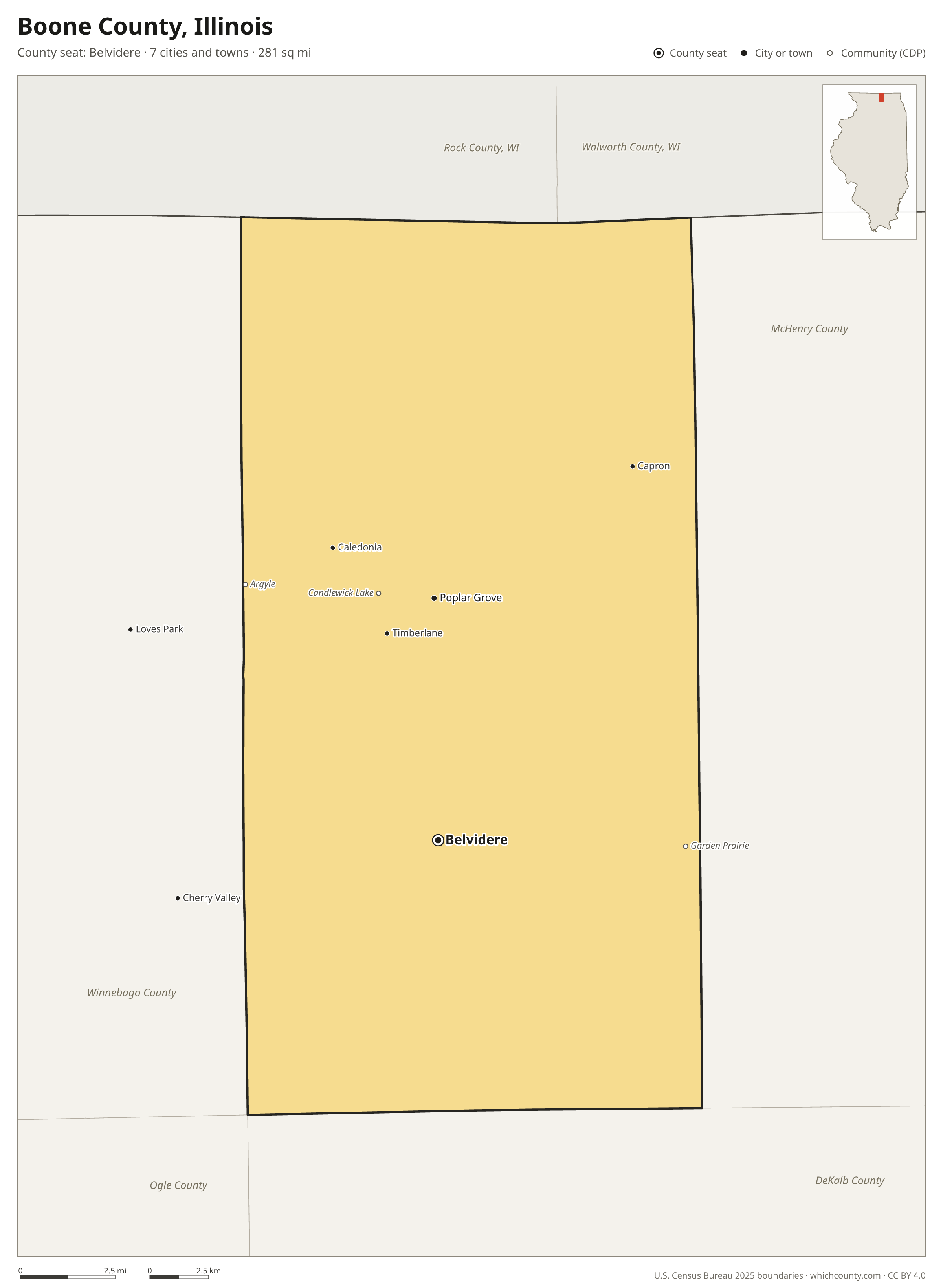Map of Boone County, Illinois with cities, towns and the county boundary