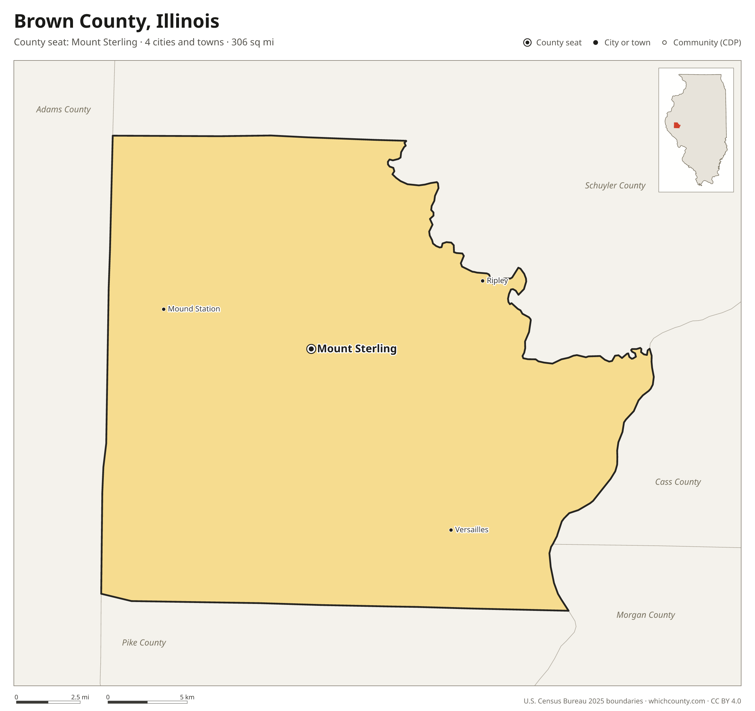 Map of Brown County, Illinois with cities, towns and the county boundary
