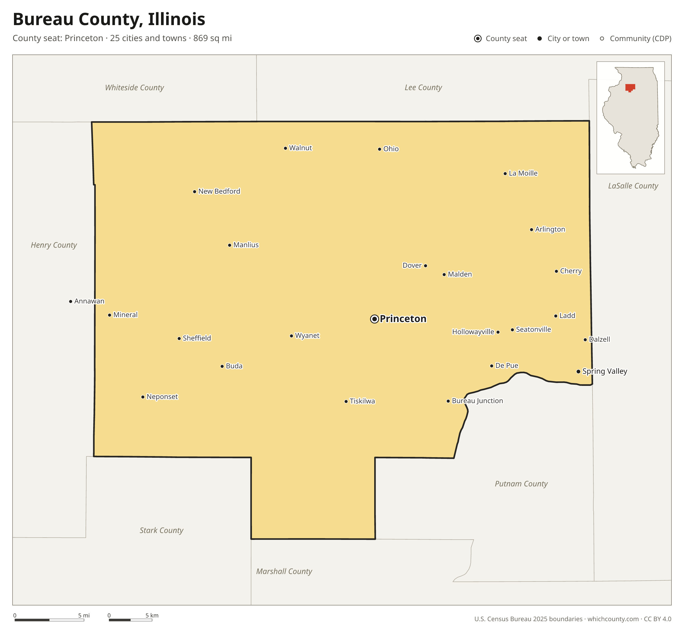 Map of Bureau County, Illinois with cities, towns and the county boundary