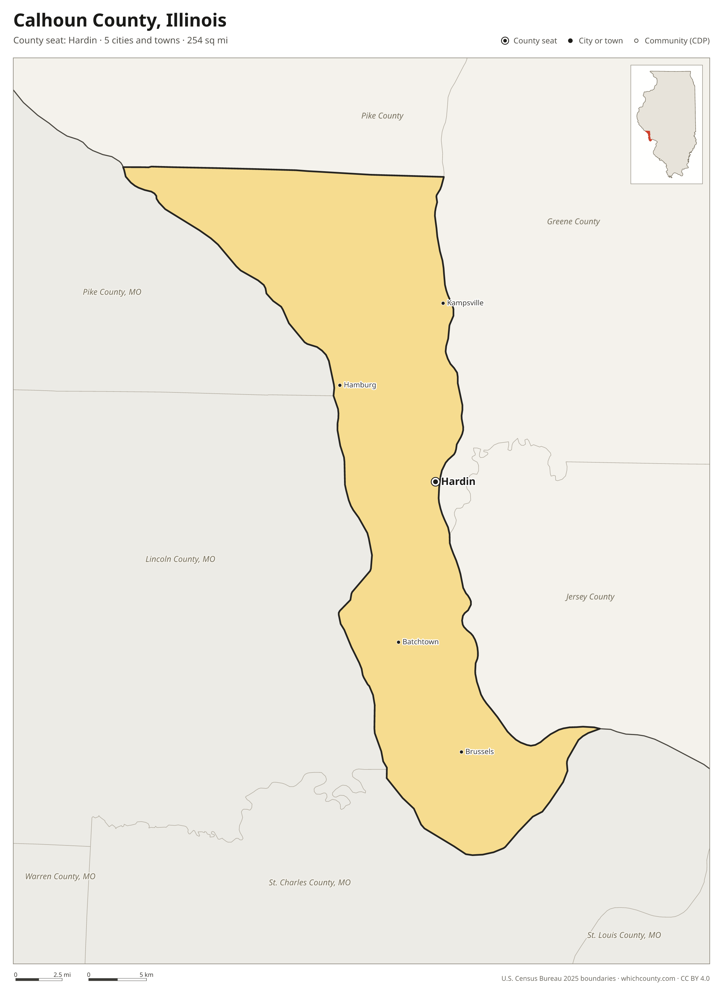 Map of Calhoun County, Illinois with cities, towns and the county boundary