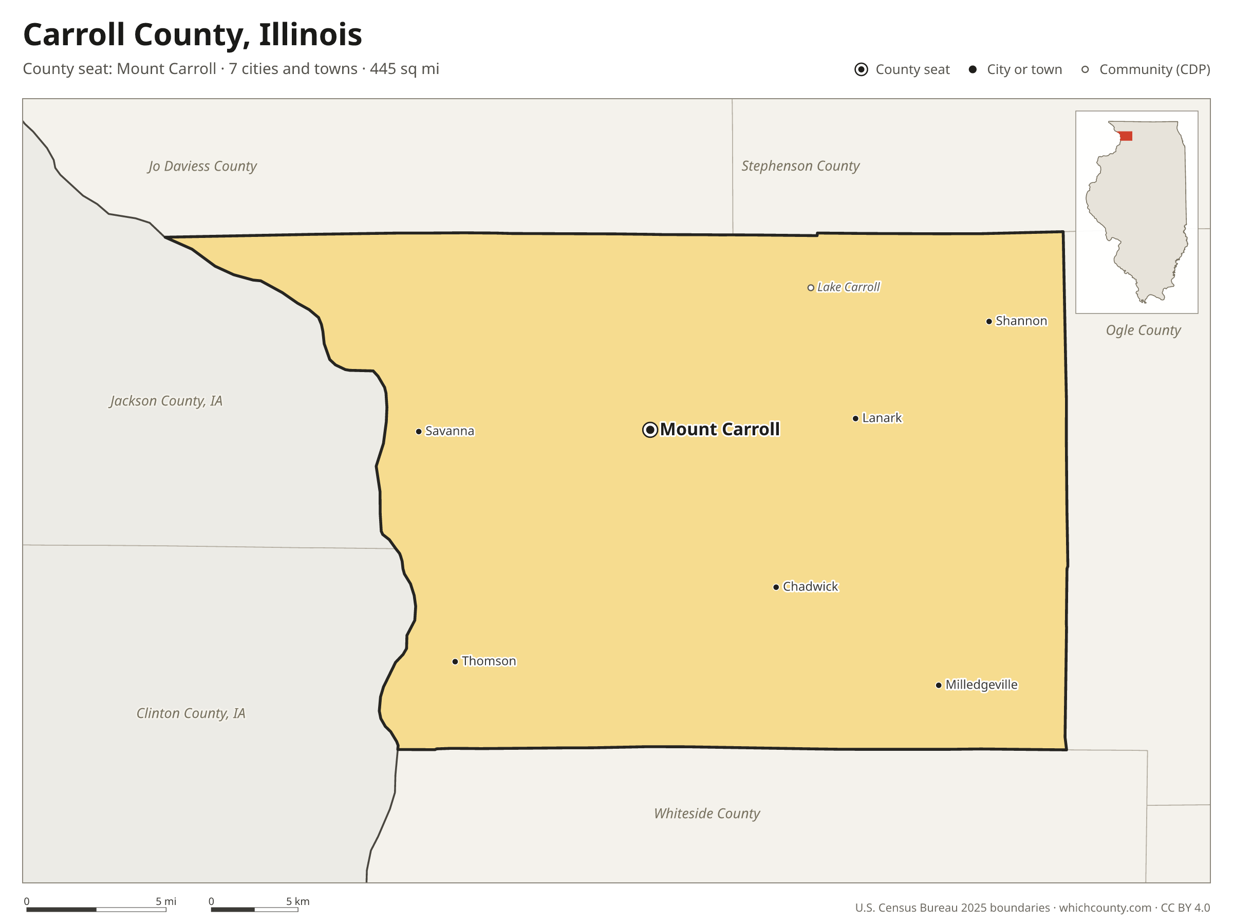 Map of Carroll County, Illinois with cities, towns and the county boundary