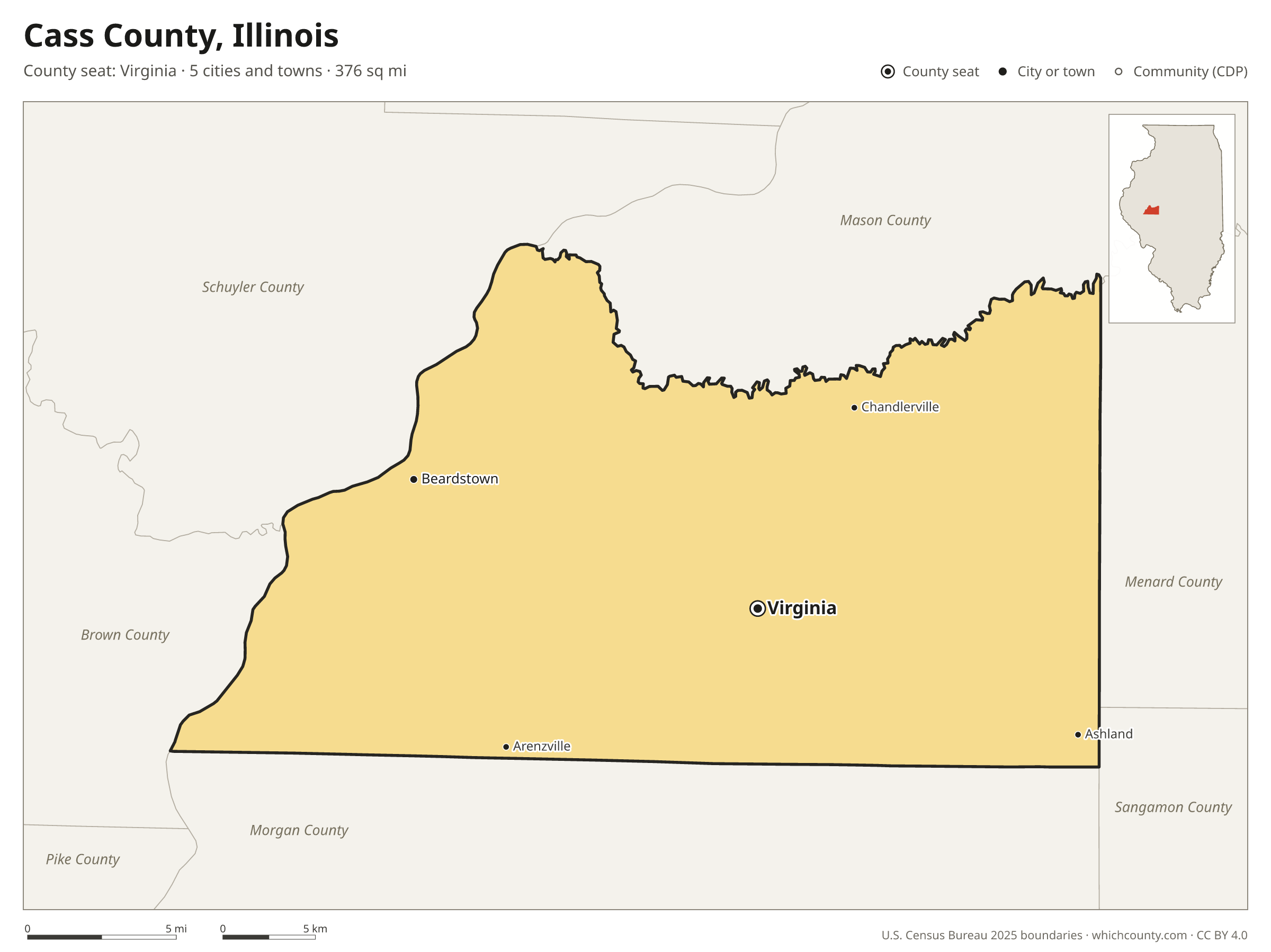 Map of Cass County, Illinois with cities, towns and the county boundary