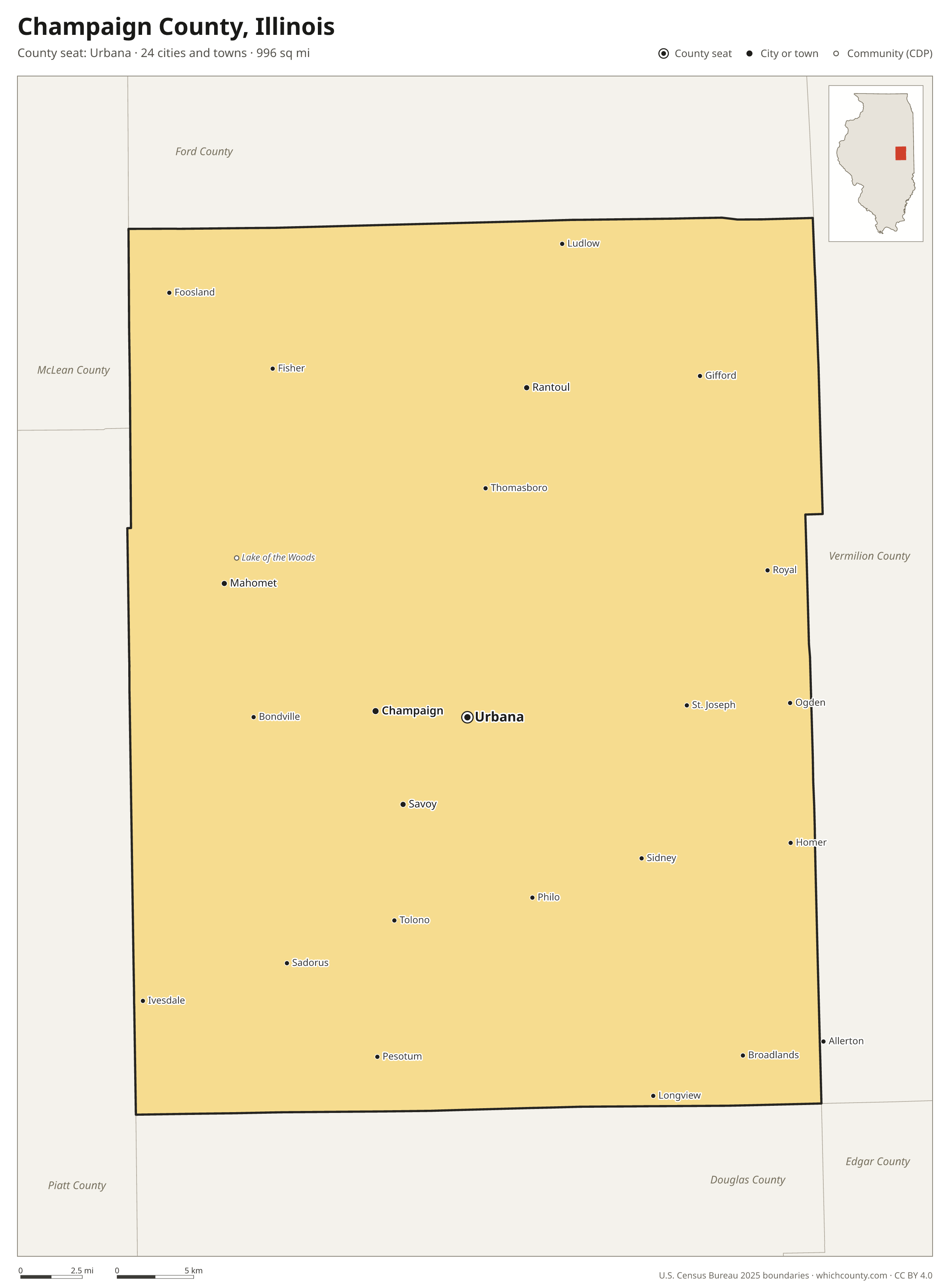 Map of Champaign County, Illinois with cities, towns and the county boundary