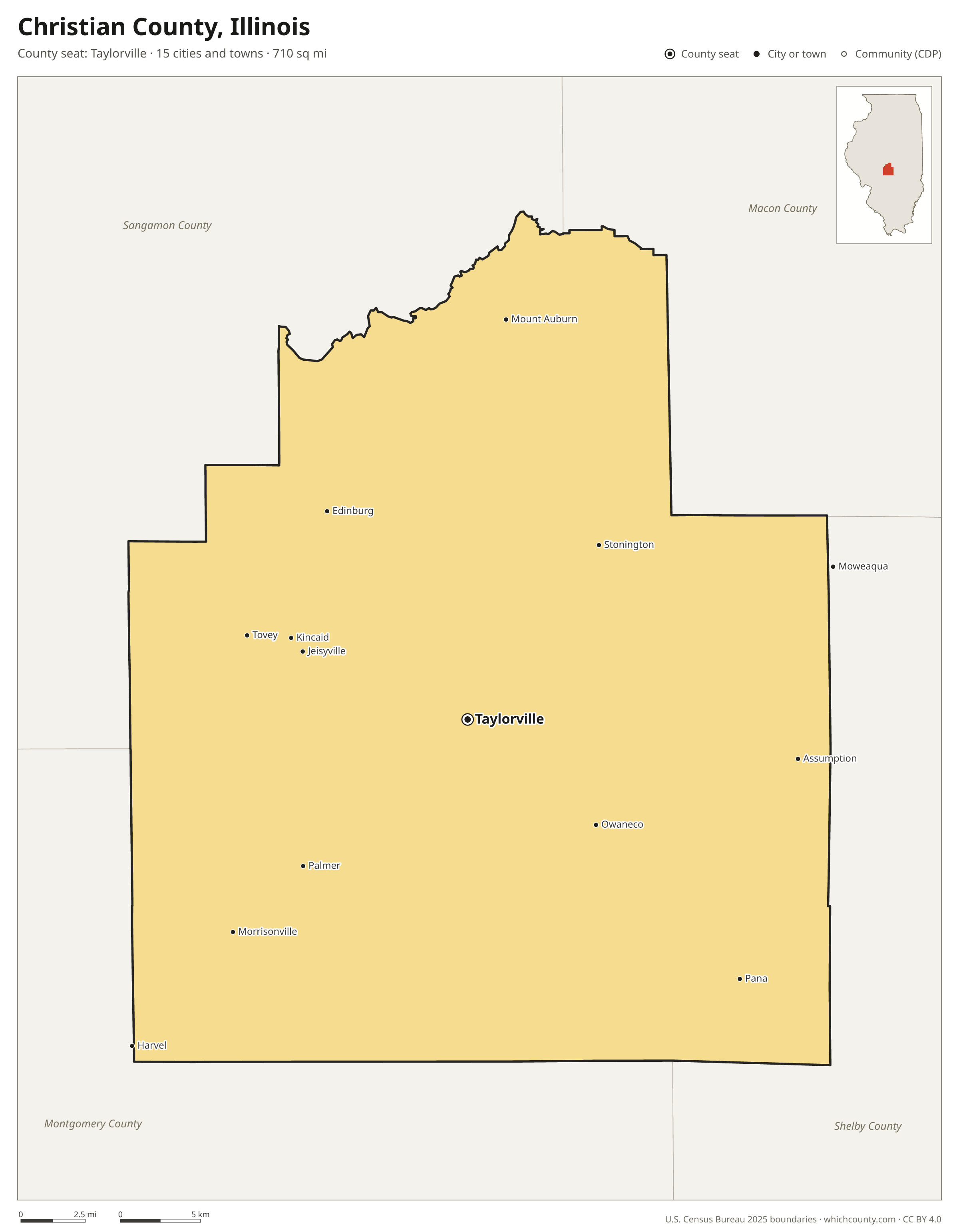 Map of Christian County, Illinois with cities, towns and the county boundary