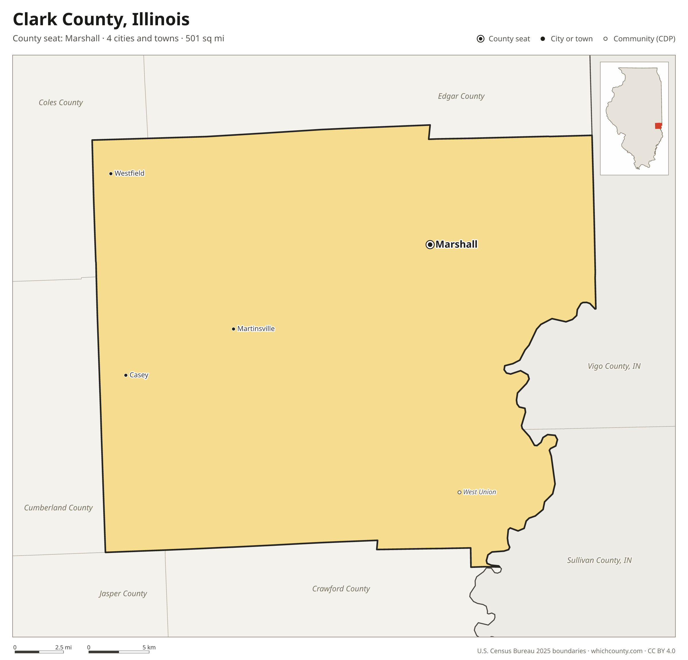 Map of Clark County, Illinois with cities, towns and the county boundary