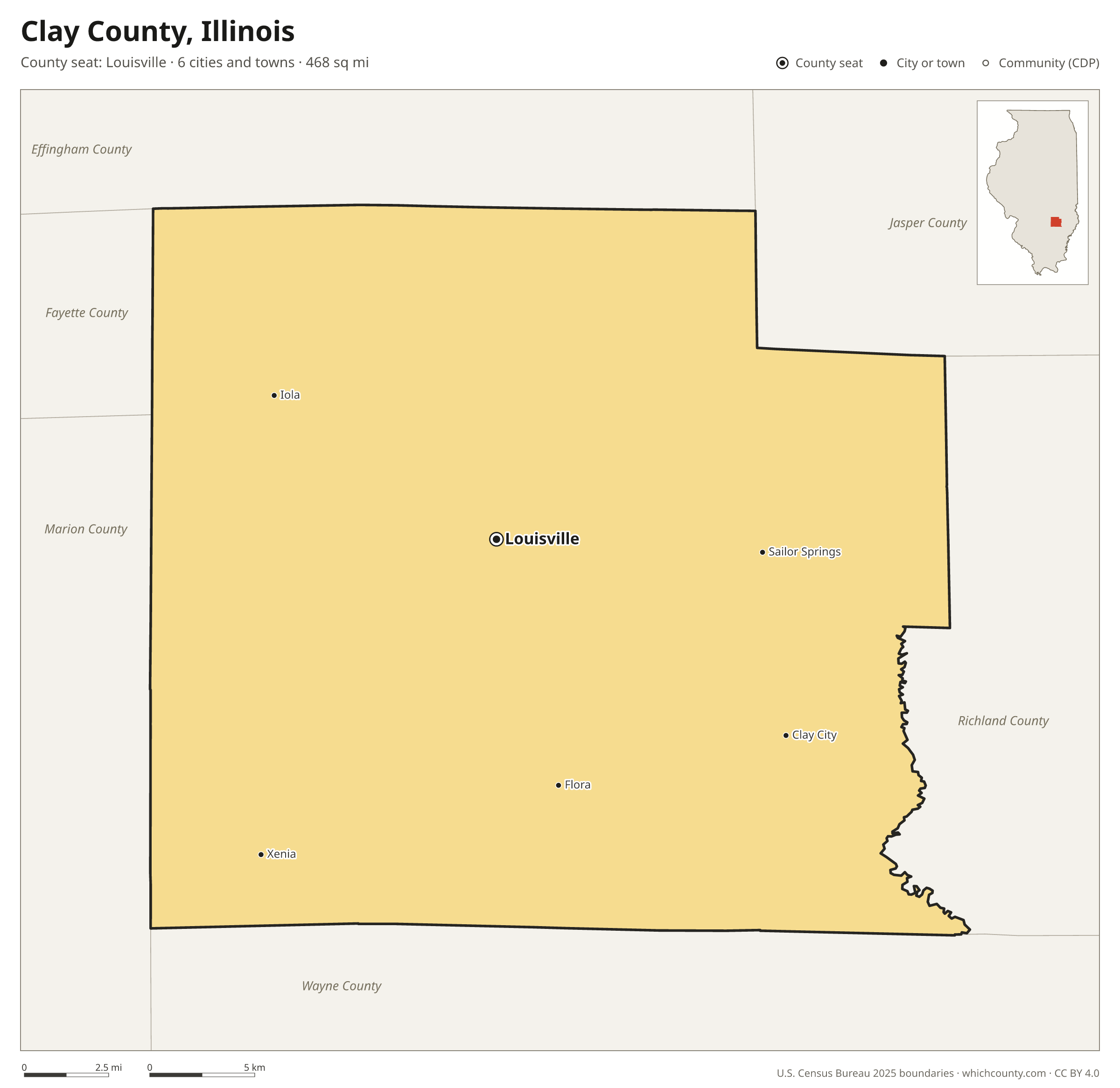 Map of Clay County, Illinois with cities, towns and the county boundary