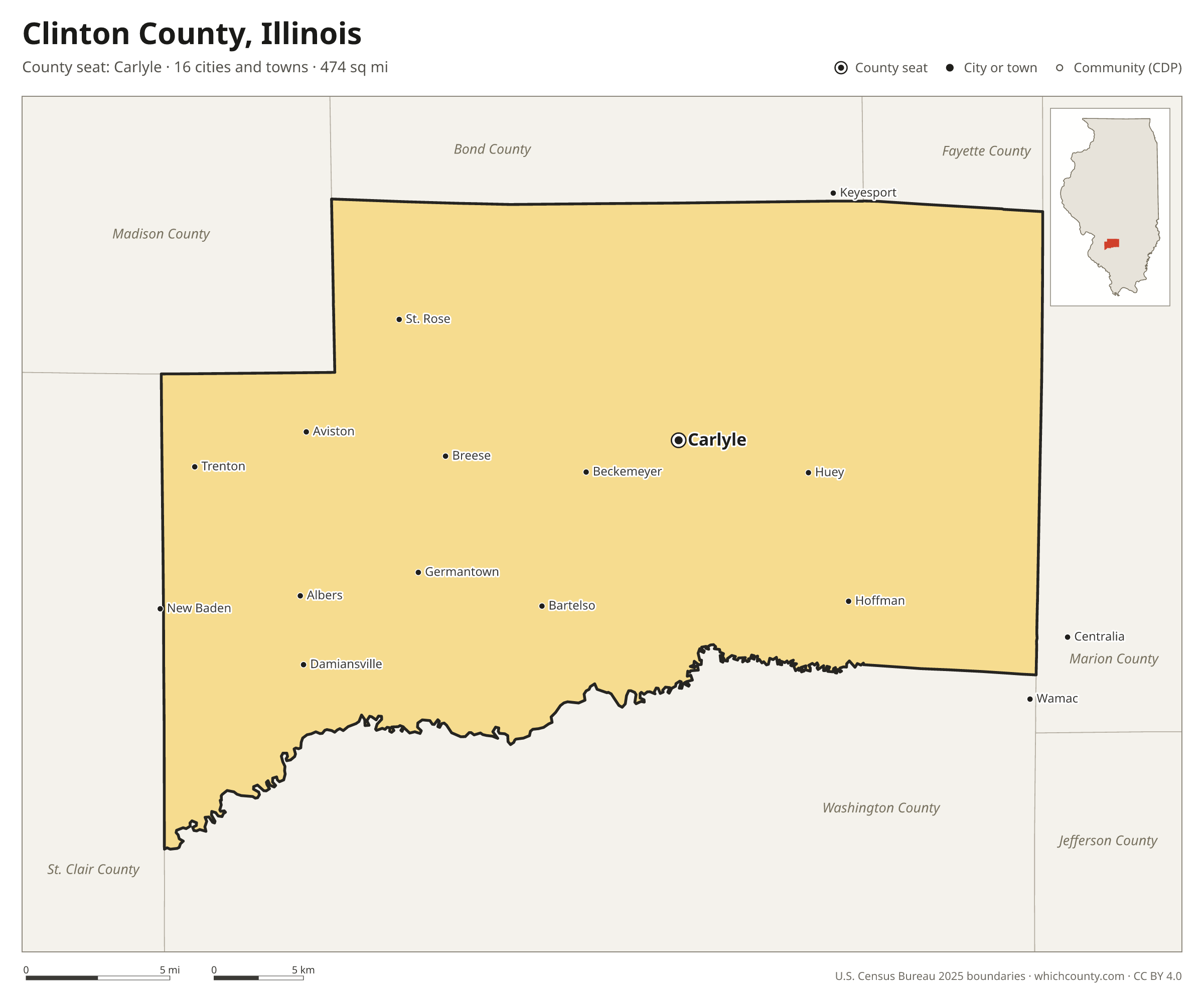 Map of Clinton County, Illinois with cities, towns and the county boundary