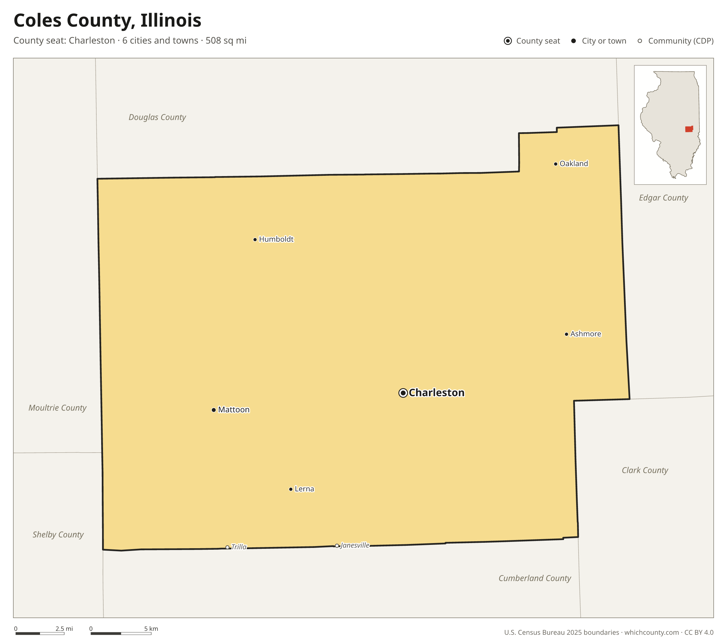 Map of Coles County, Illinois with cities, towns and the county boundary