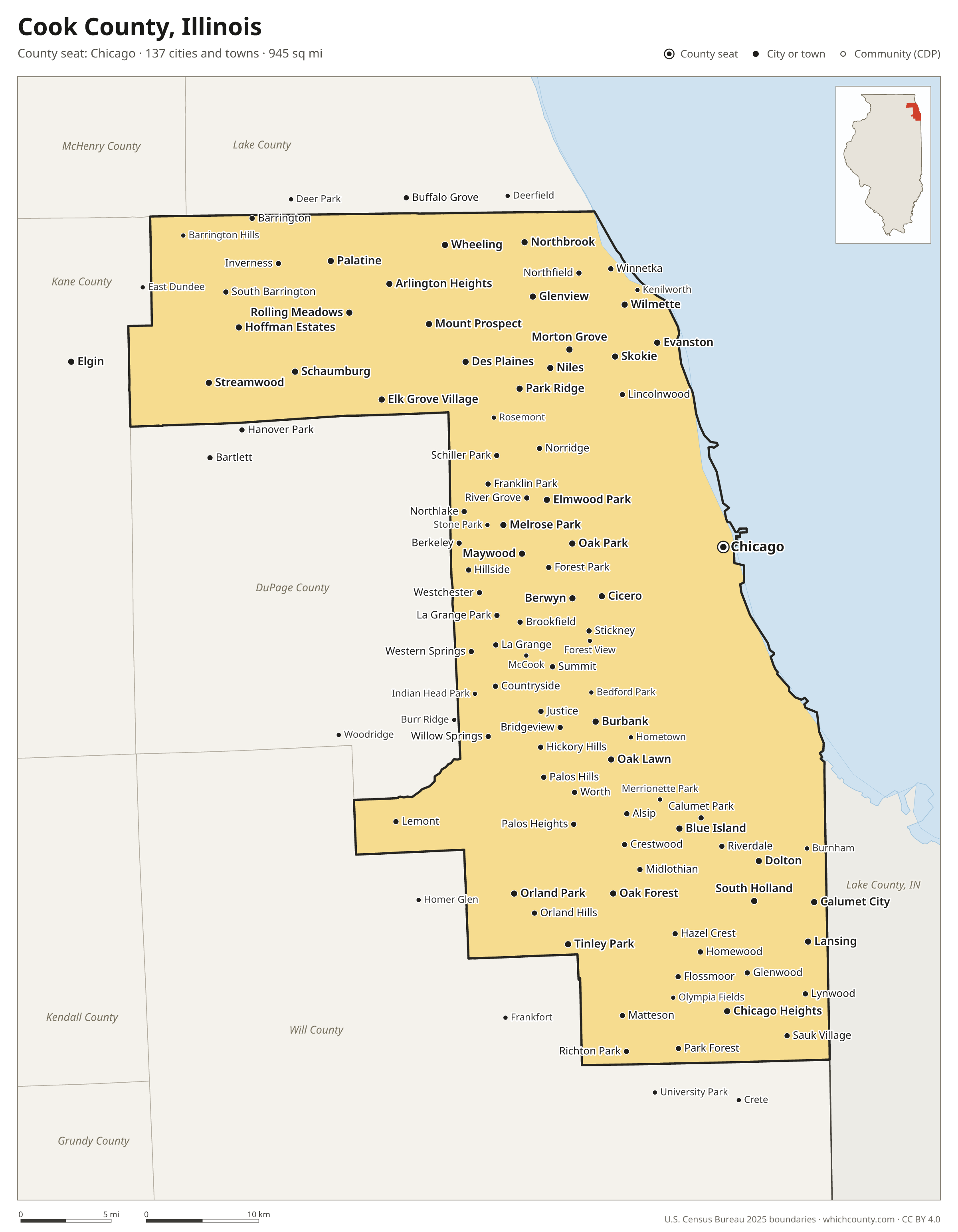 Map of Cook County, Illinois with cities, towns and the county boundary