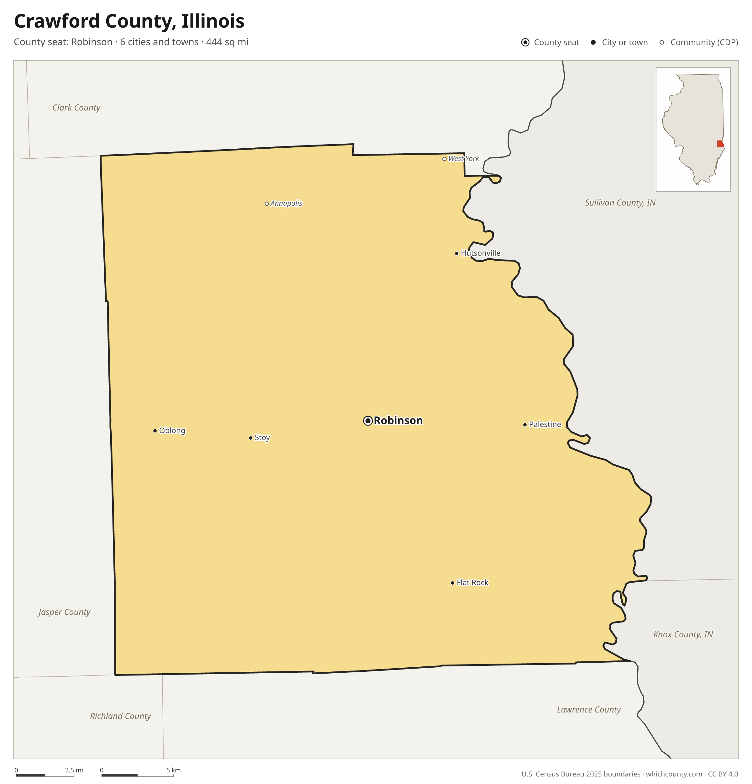 Map of Crawford County, Illinois with cities, towns and the county boundary