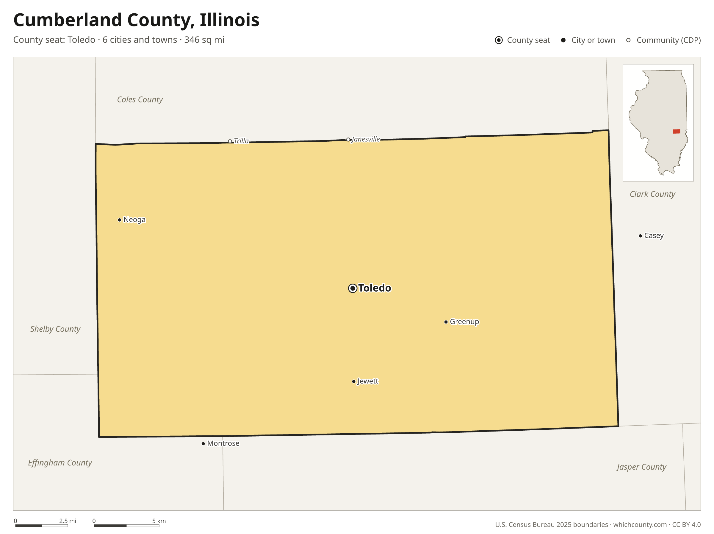 Map of Cumberland County, Illinois with cities, towns and the county boundary