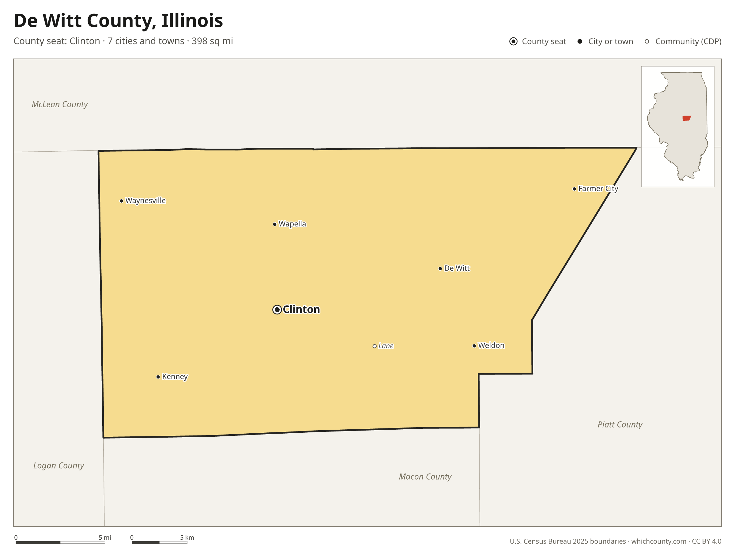 Map of De Witt County, Illinois with cities, towns and the county boundary