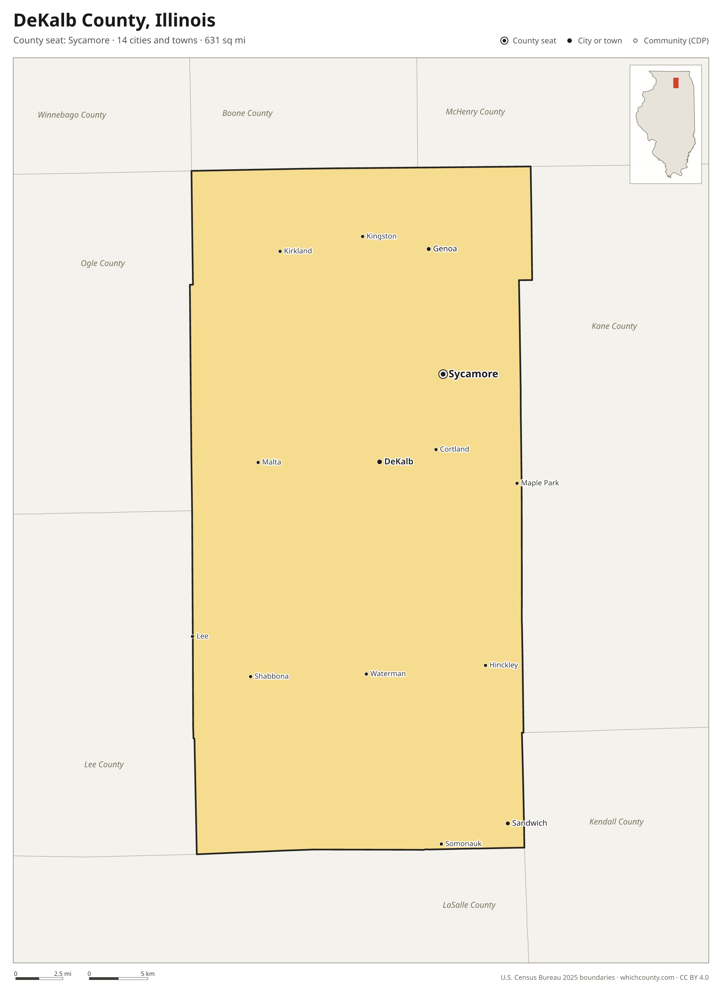 Map of DeKalb County, Illinois with cities, towns and the county boundary