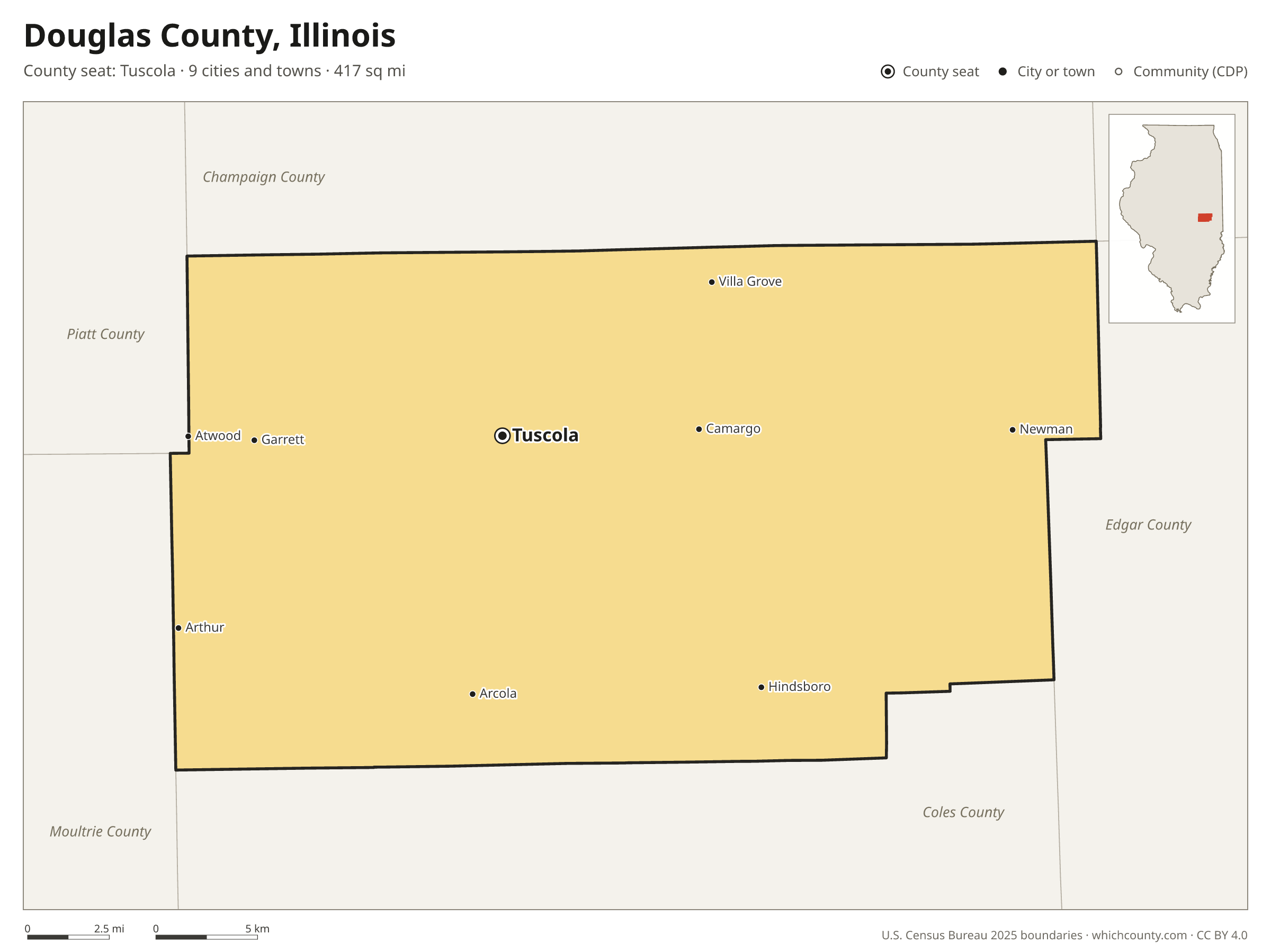 Map of Douglas County, Illinois with cities, towns and the county boundary