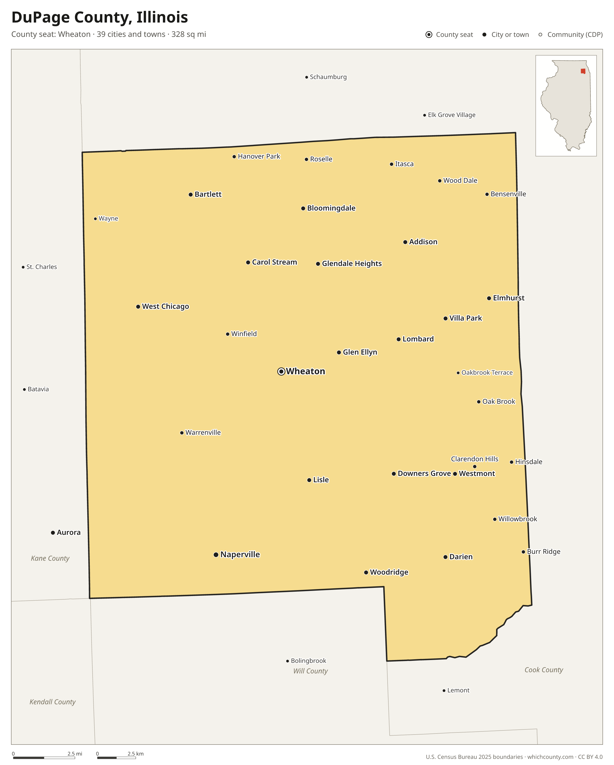 Map of DuPage County, Illinois with cities, towns and the county boundary
