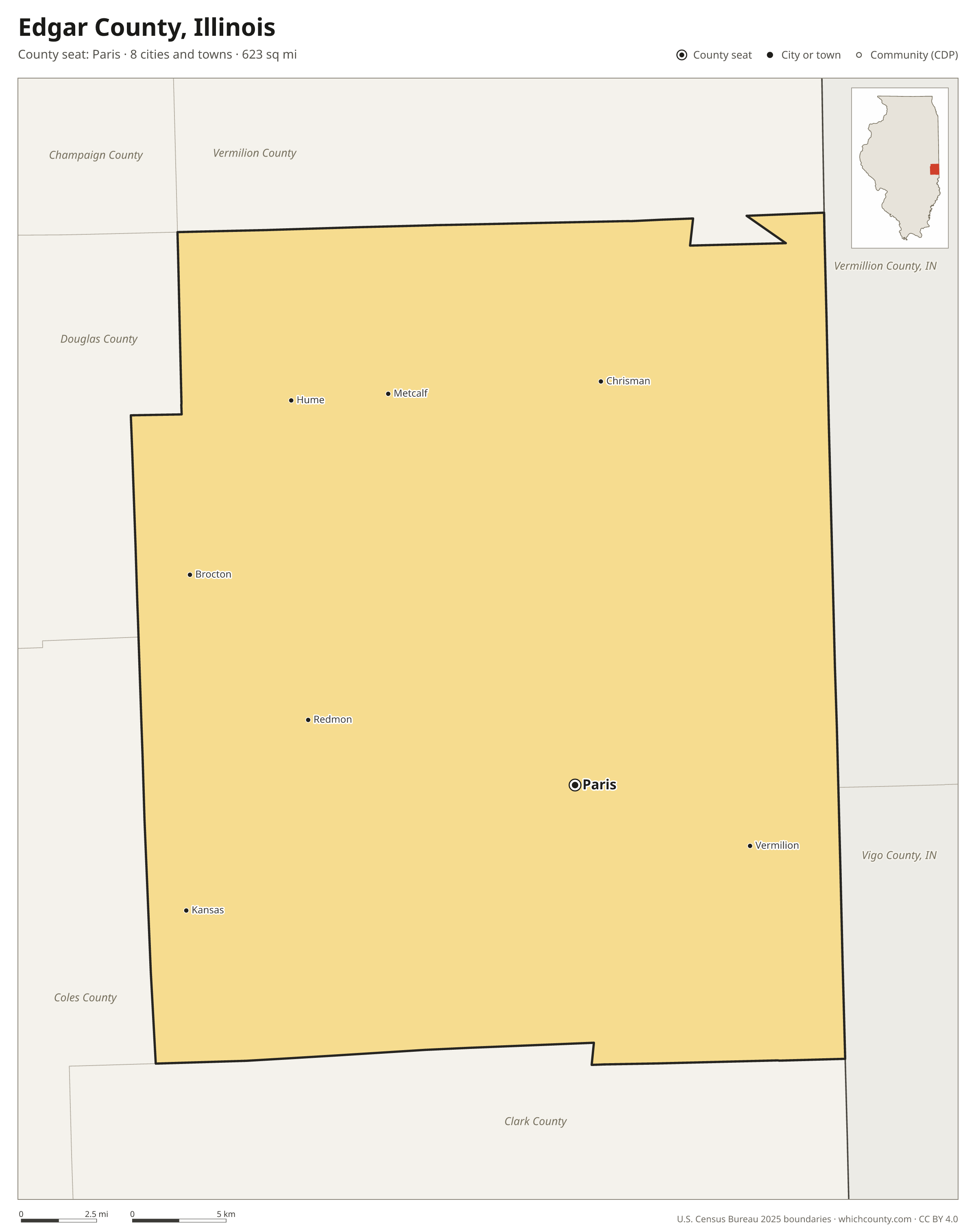 Map of Edgar County, Illinois with cities, towns and the county boundary