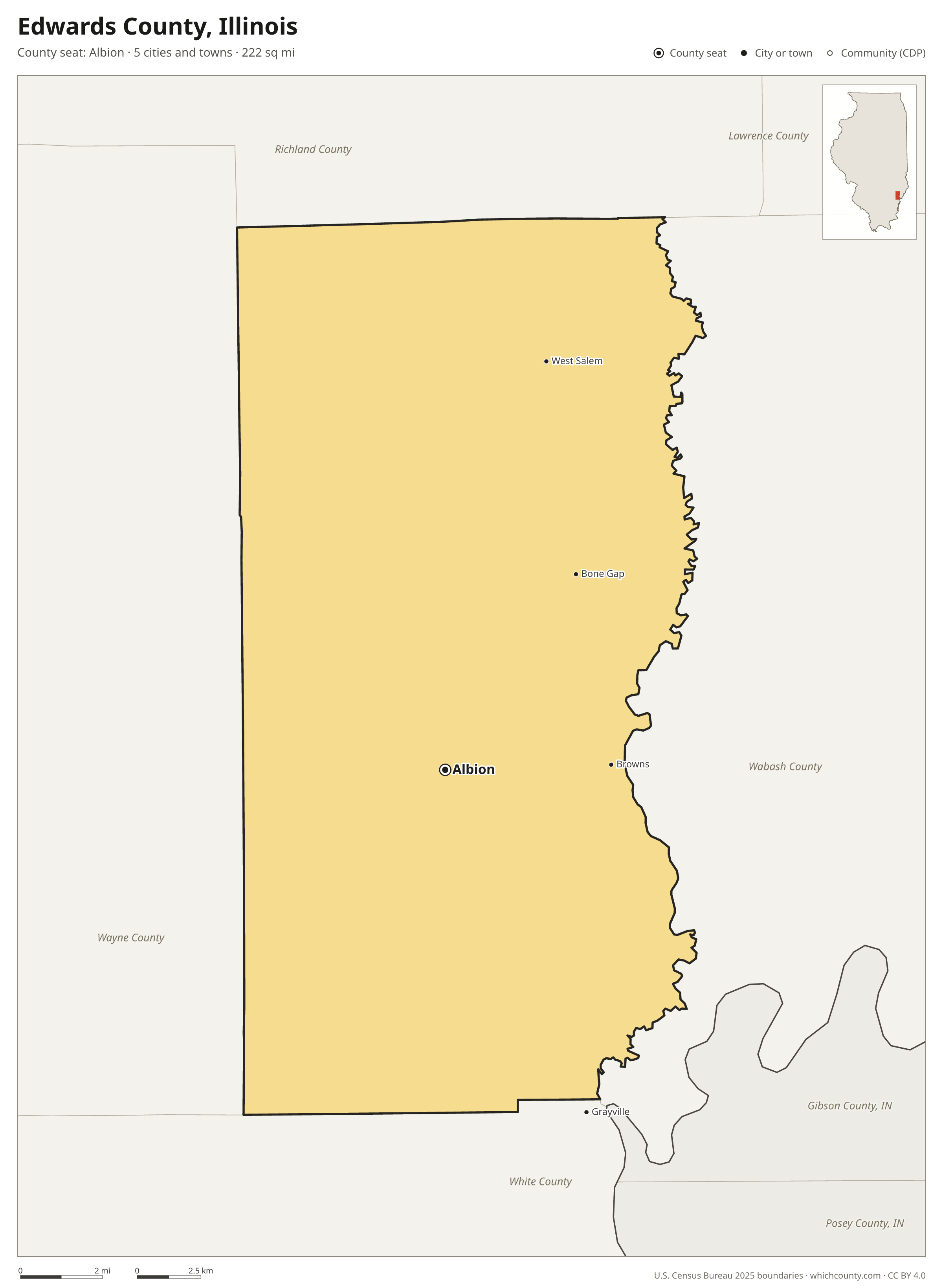 Map of Edwards County, Illinois with cities, towns and the county boundary